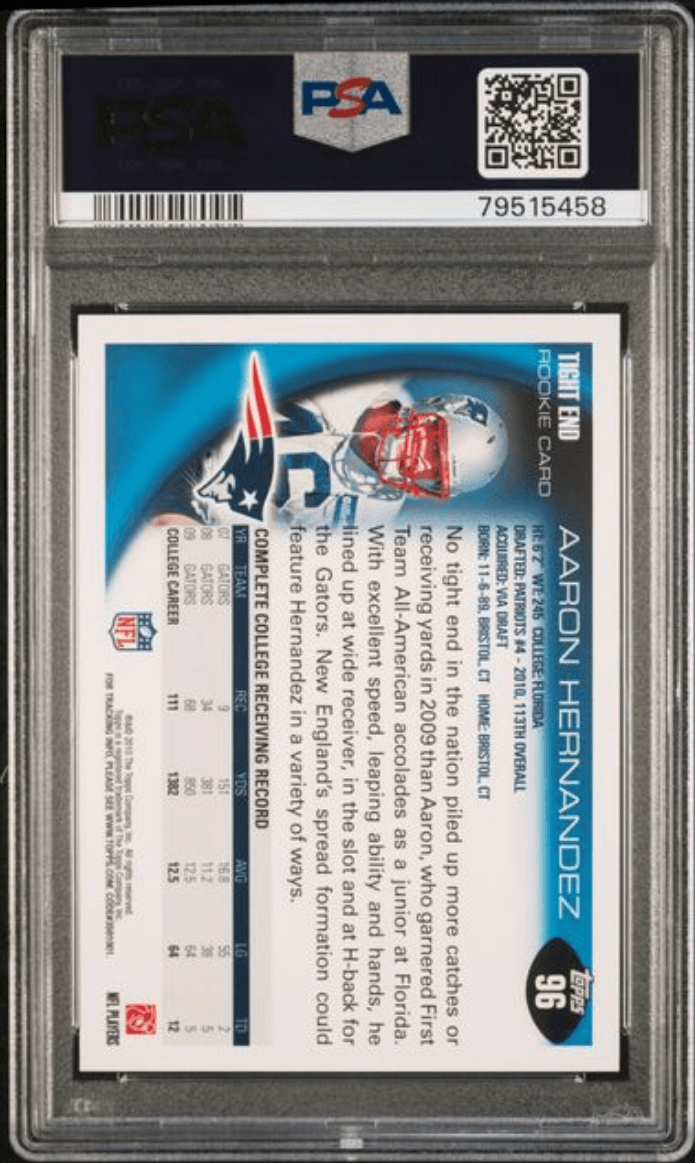 Graded 2010 Topps Aaron Hernandez #96 Rookie RC Football Card PSA 10 Gem Mint