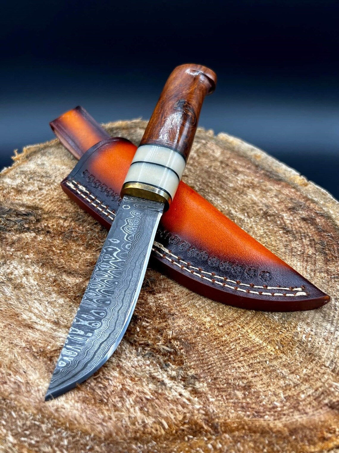 Custom Handmade Damascus Hunting Camping Knife with Bone, Rosewood, and Brass Bolster Handle