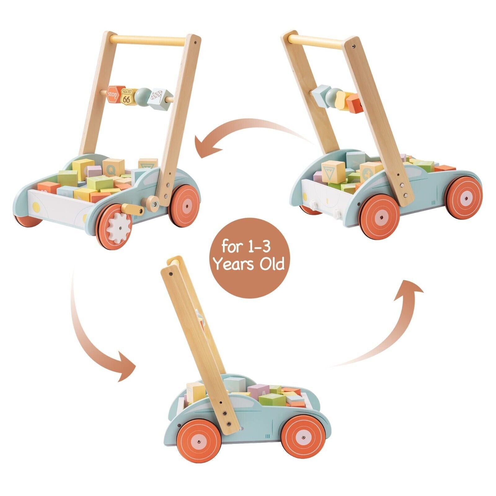 Wooden Baby Walker Push Toy – Educational Activity Cart with ABC Blocks