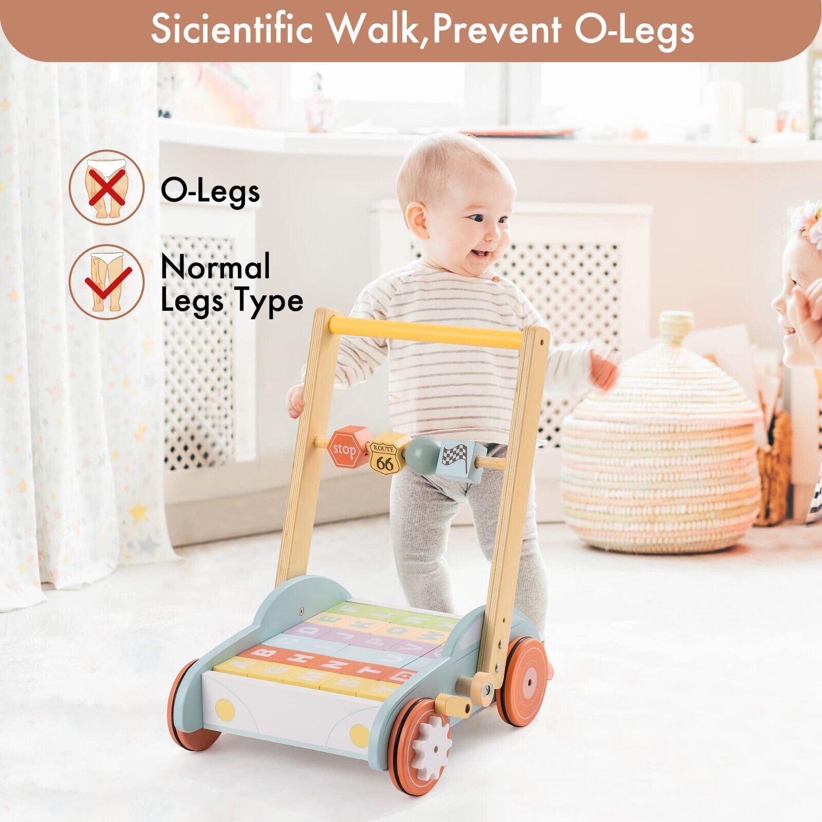 Wooden Baby Walker Push Toy – Educational Activity Cart with ABC Blocks