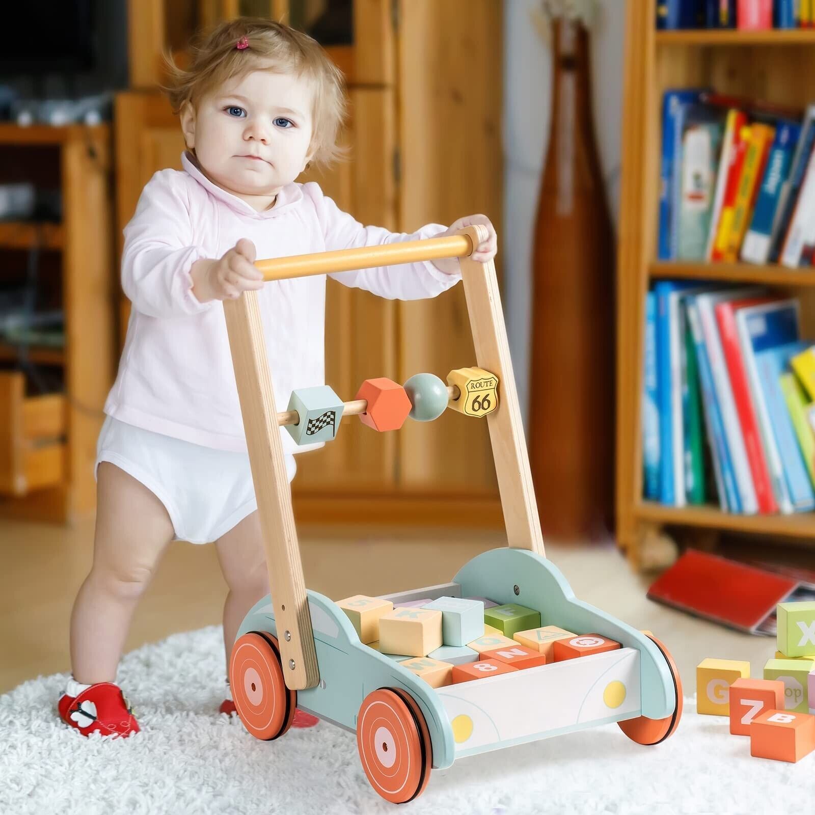 Wooden Baby Walker Push Toy – Educational Activity Cart with ABC Blocks
