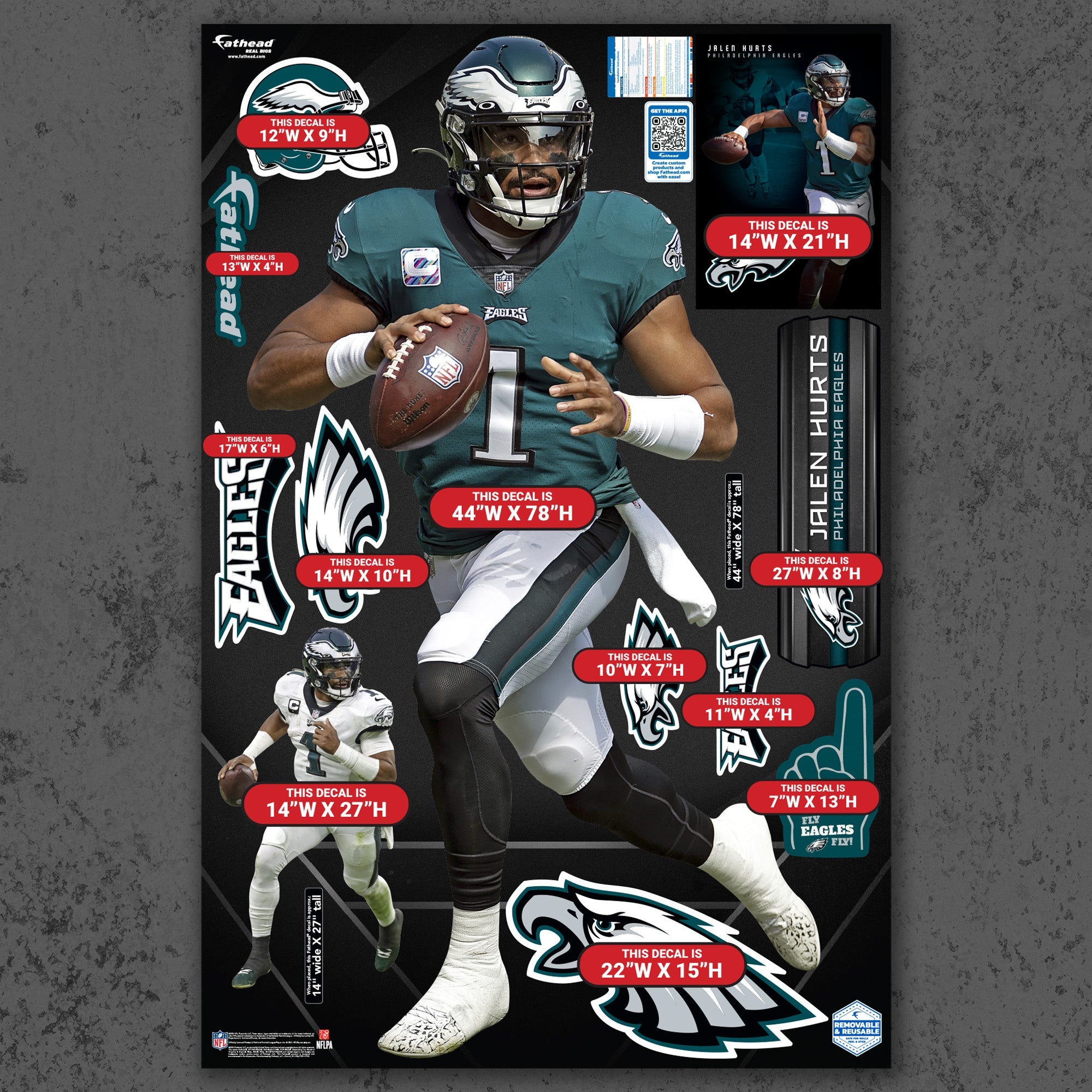 Jalen Hurts - RealBig No. 1 Collection - Official NFL - Philadelphia Eagles - Reusable Vinyl Wall Decals