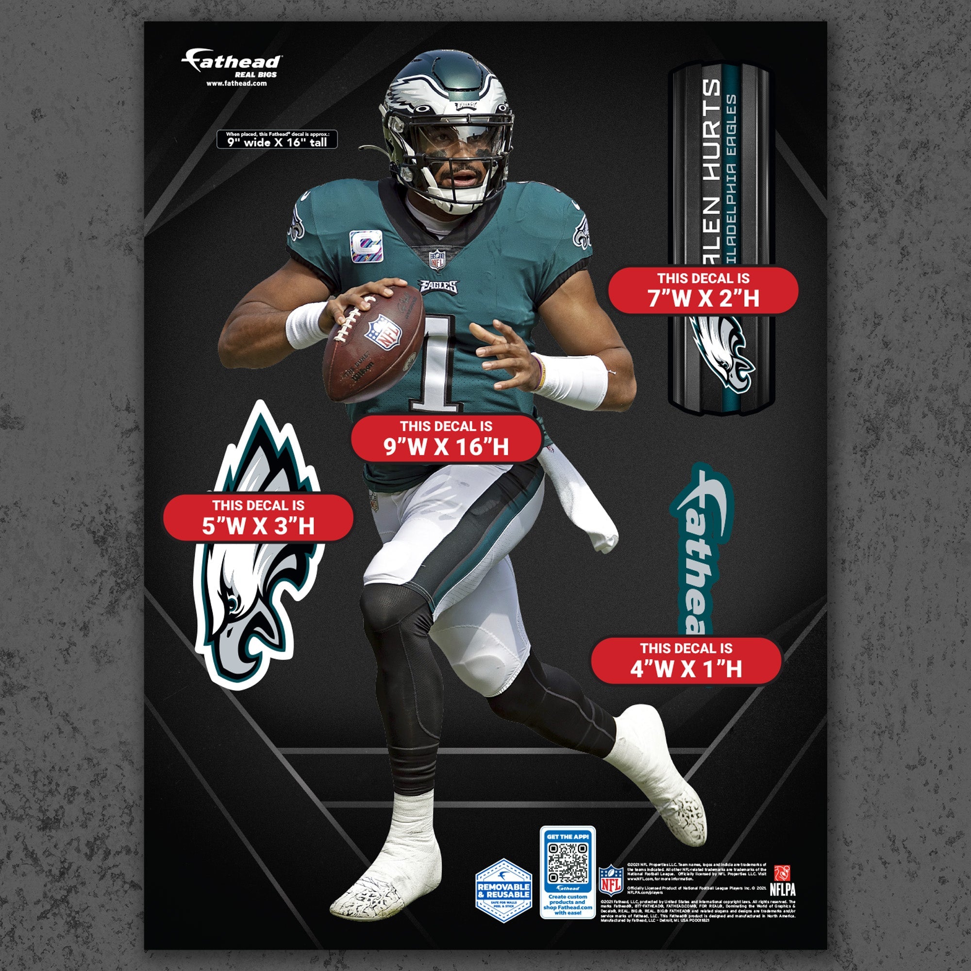 Jalen Hurts - RealBig No. 1 Collection - Official NFL - Philadelphia Eagles - Reusable Vinyl Wall Decals