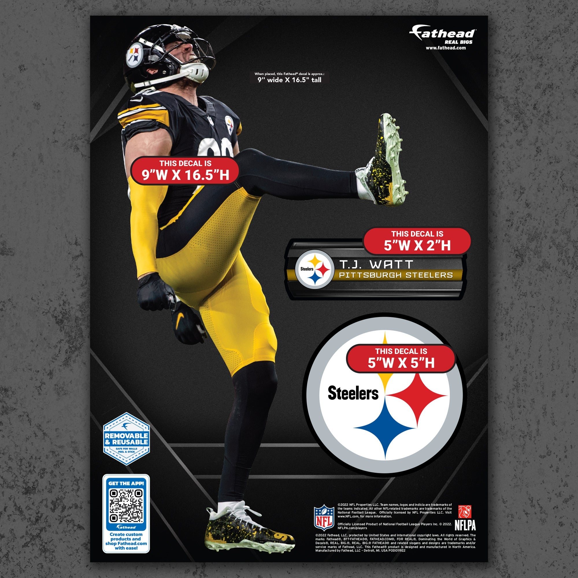 T.J. Watt - RealBig Celebration Collection - Official NFL - Pittsburgh Steelers - Reusable Vinyl Wall Decals