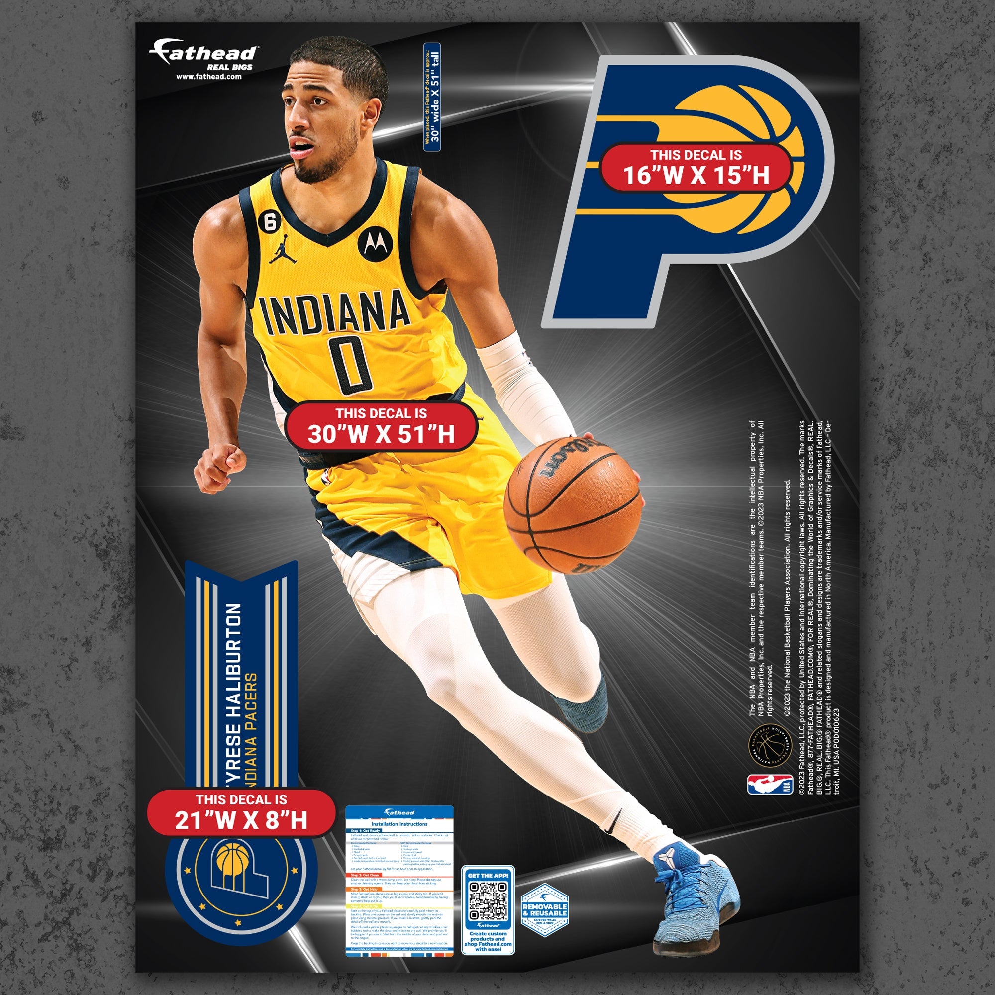 Tyrese Haliburton - RealBig Collection - Official NBA - Indiana Pacers - Reusable Vinyl Wall Decals