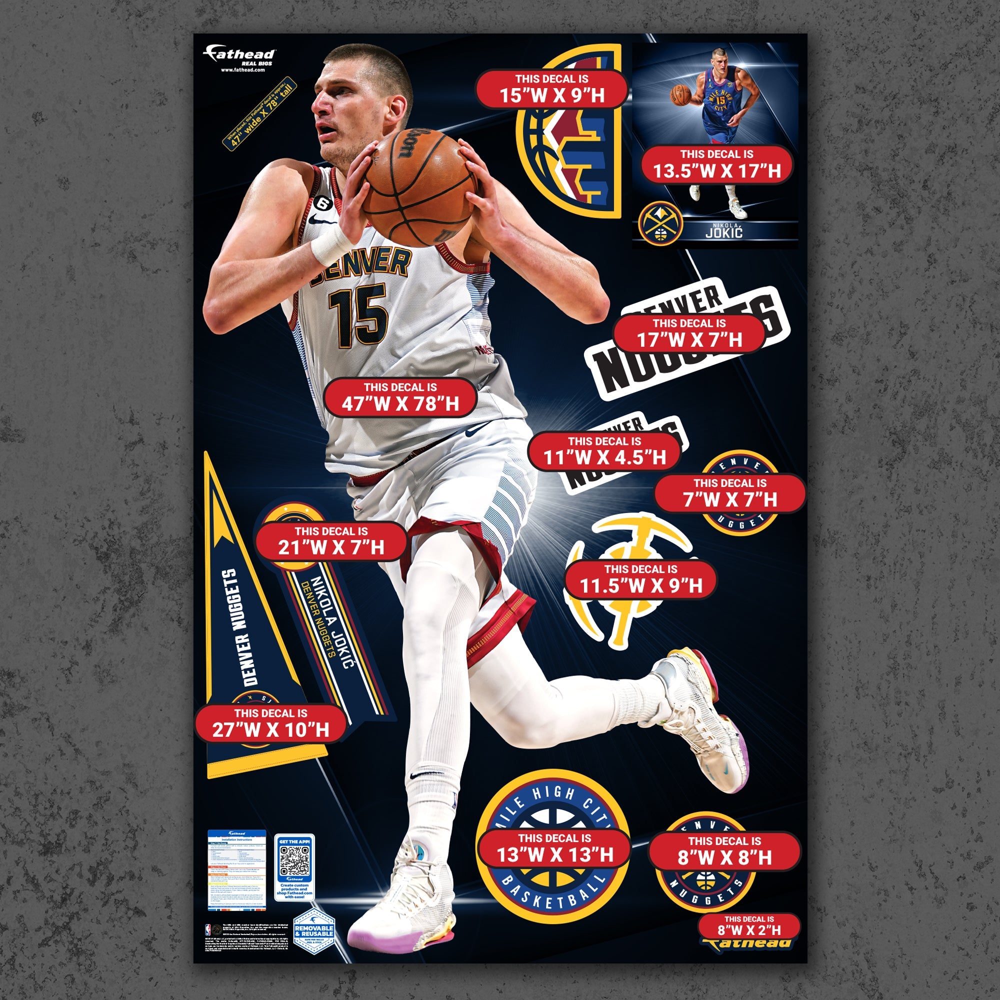 Nikola Jokic - Realbig City Jersey Collection - Official NBA - Denver Nuggets - Reusable Vinyl Wall Decals