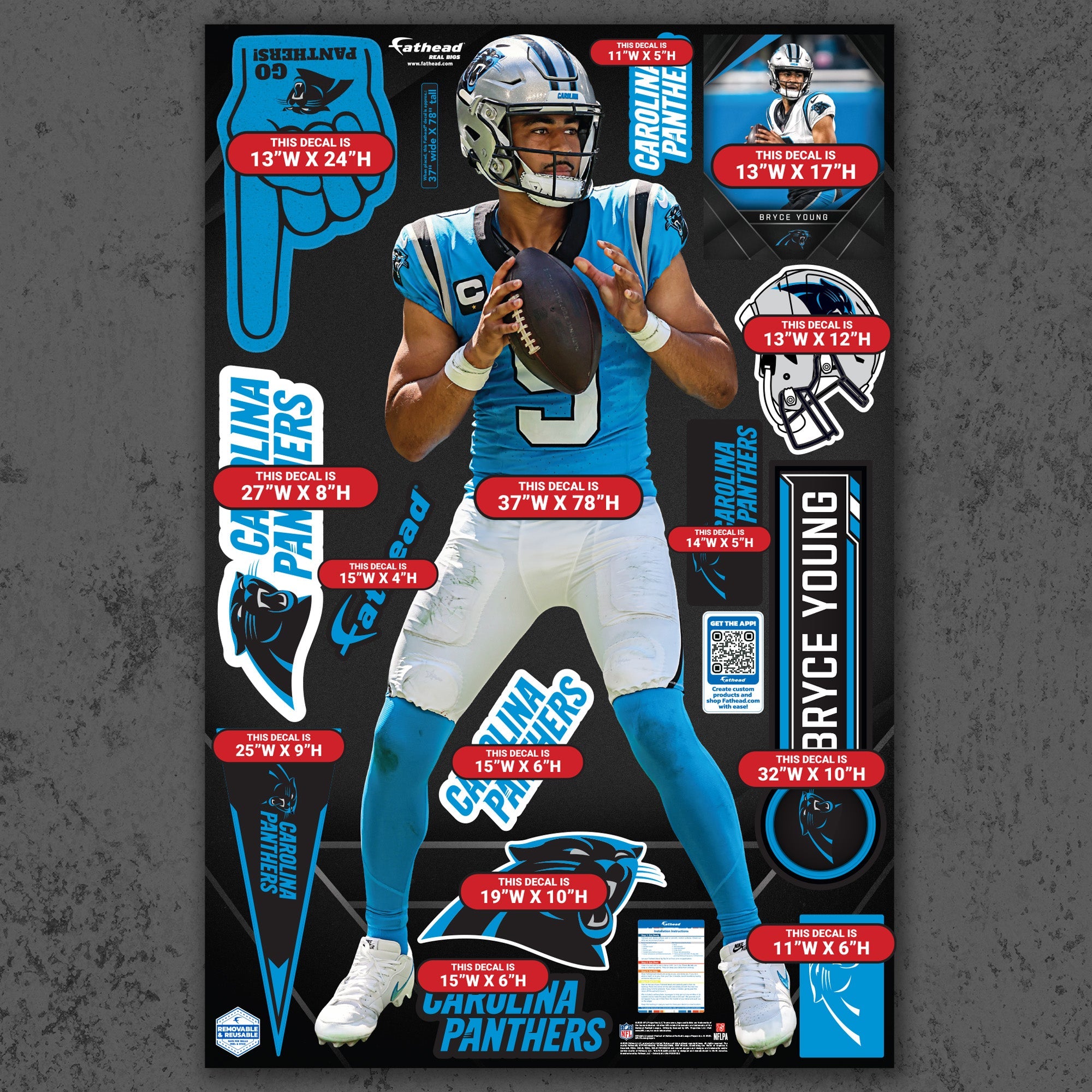 Bryce Young - RealBig Blue Jersey Collection - Official NFL - Carolina Panthers - Reusable Vinyl Wall Decals