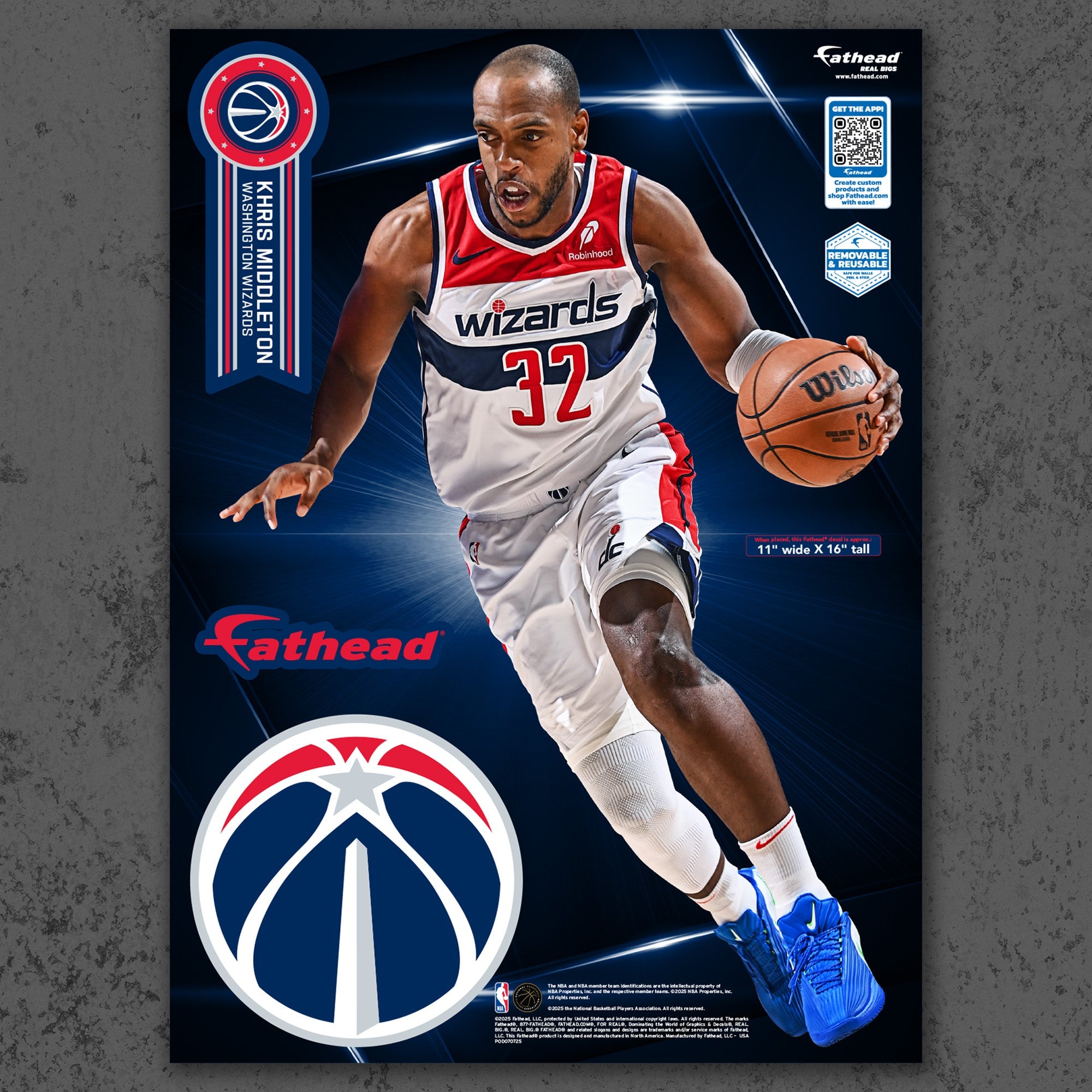 Khris Middleton - RealBig Collection - Official NBA - Washington Wizards - Reusable Vinyl Wall Decals