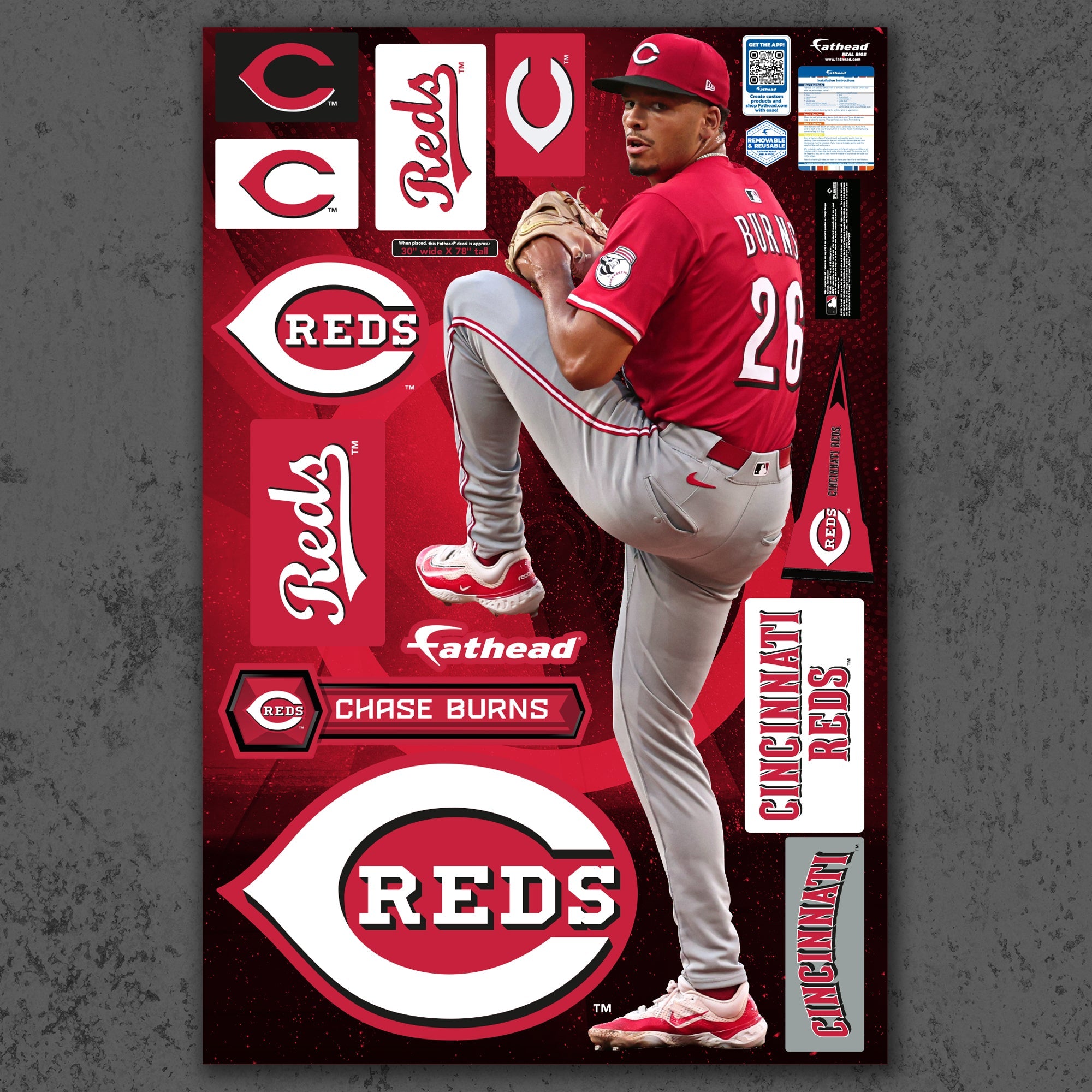 Chase Burns - RealBig Collection - Official MLB - Cincinnati Reds - Reusable Vinyl Wall Decals