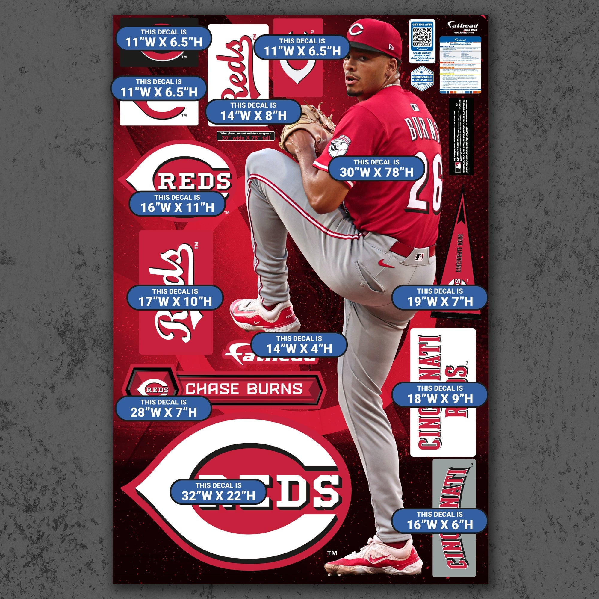 Chase Burns - RealBig Collection - Official MLB - Cincinnati Reds - Reusable Vinyl Wall Decals