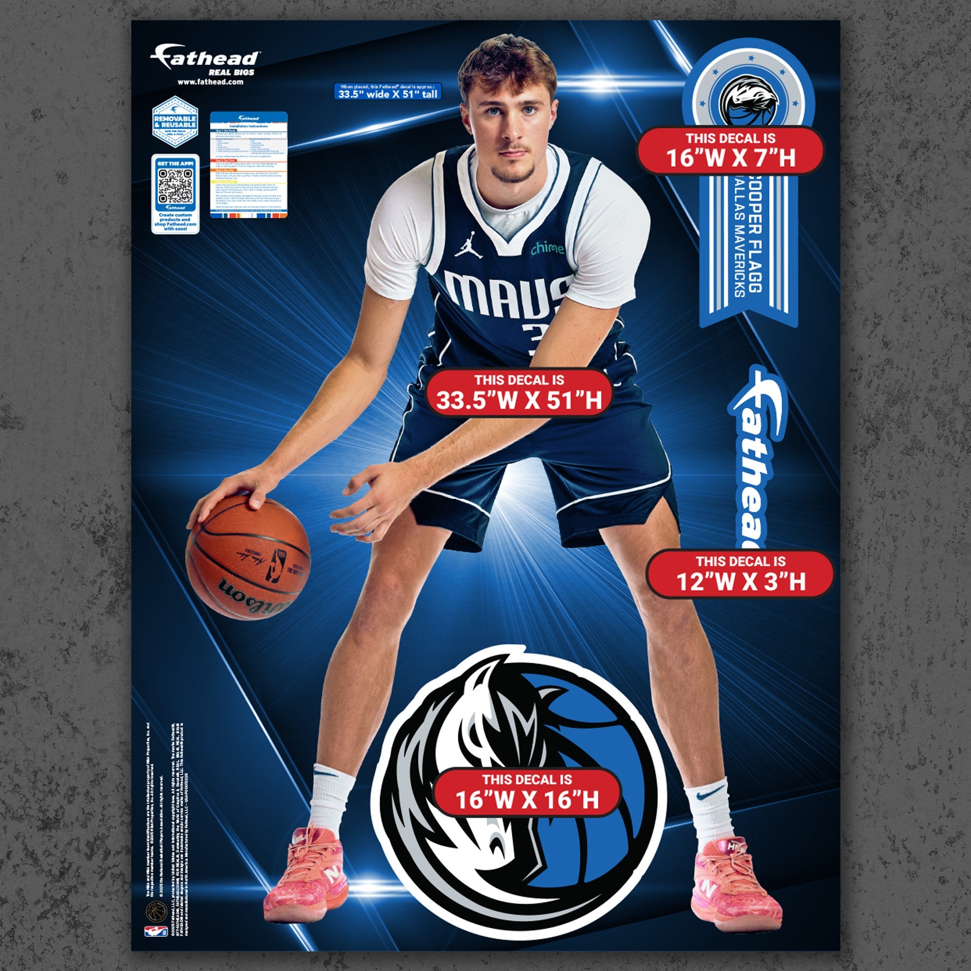 Cooper Flagg - RealBig Preseason Collection - Official NBA - Dallas Mavericks - Reusable Vinyl Wall Decals