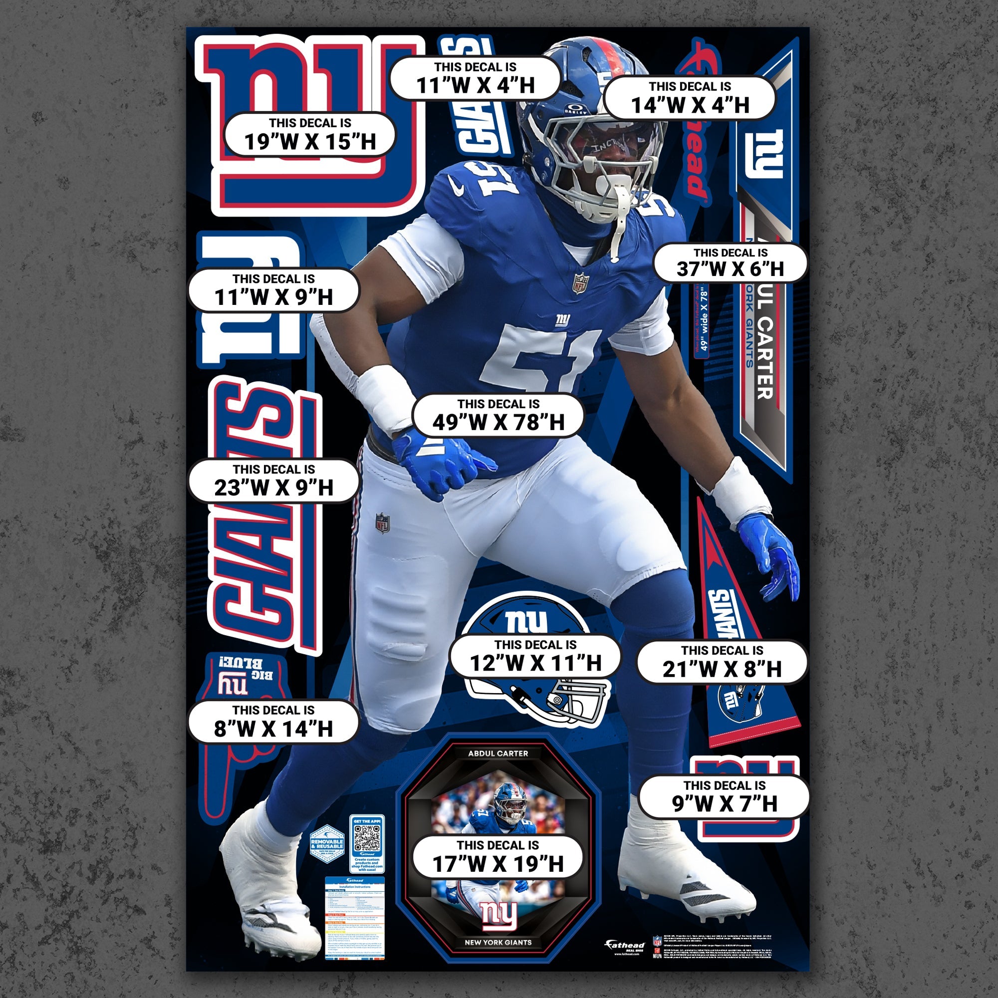 Abdul Carter - RealBig Collection - Official NFL - New York Giants - Reusable Vinyl Wall Decals
