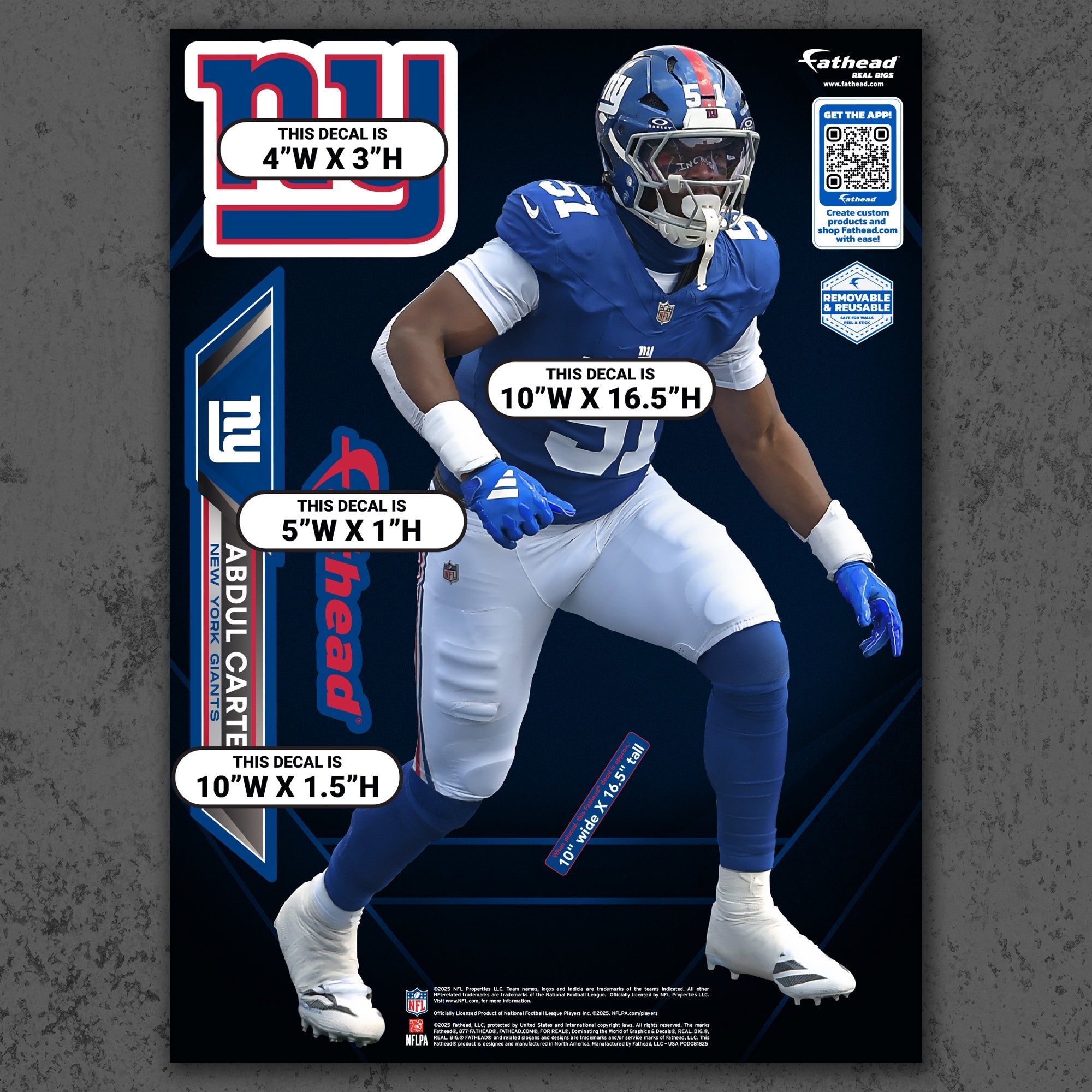Abdul Carter - RealBig Collection - Official NFL - New York Giants - Reusable Vinyl Wall Decals