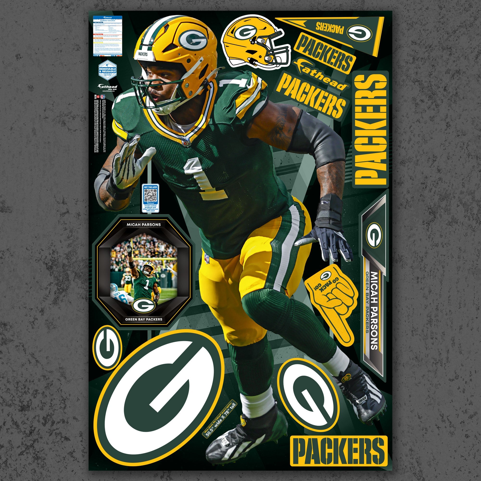 Micah Parsons - RealBig Collection - Official NFL - Green Bay Packers - Reusable Vinyl Wall Decals