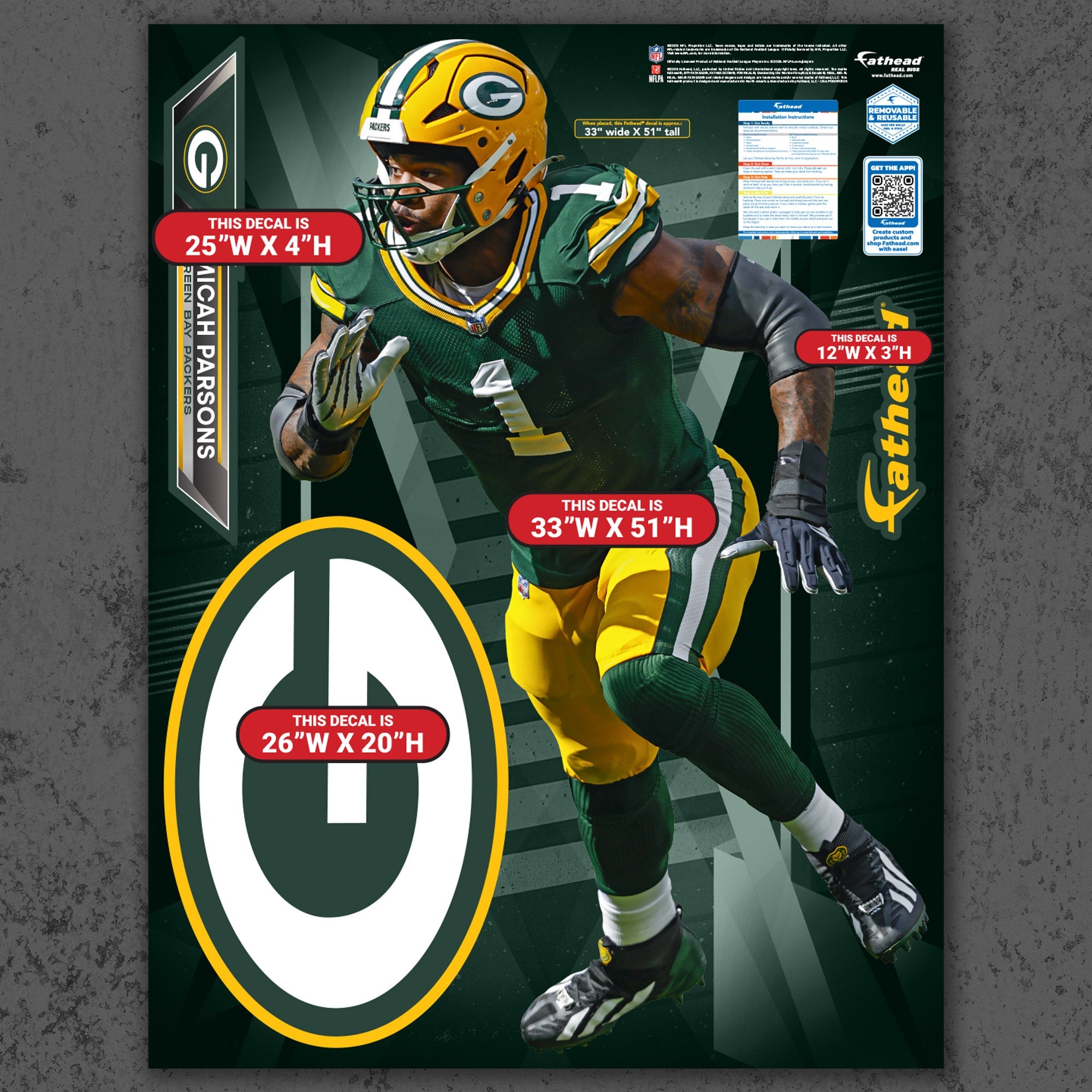 Micah Parsons - RealBig Collection - Official NFL - Green Bay Packers - Reusable Vinyl Wall Decals