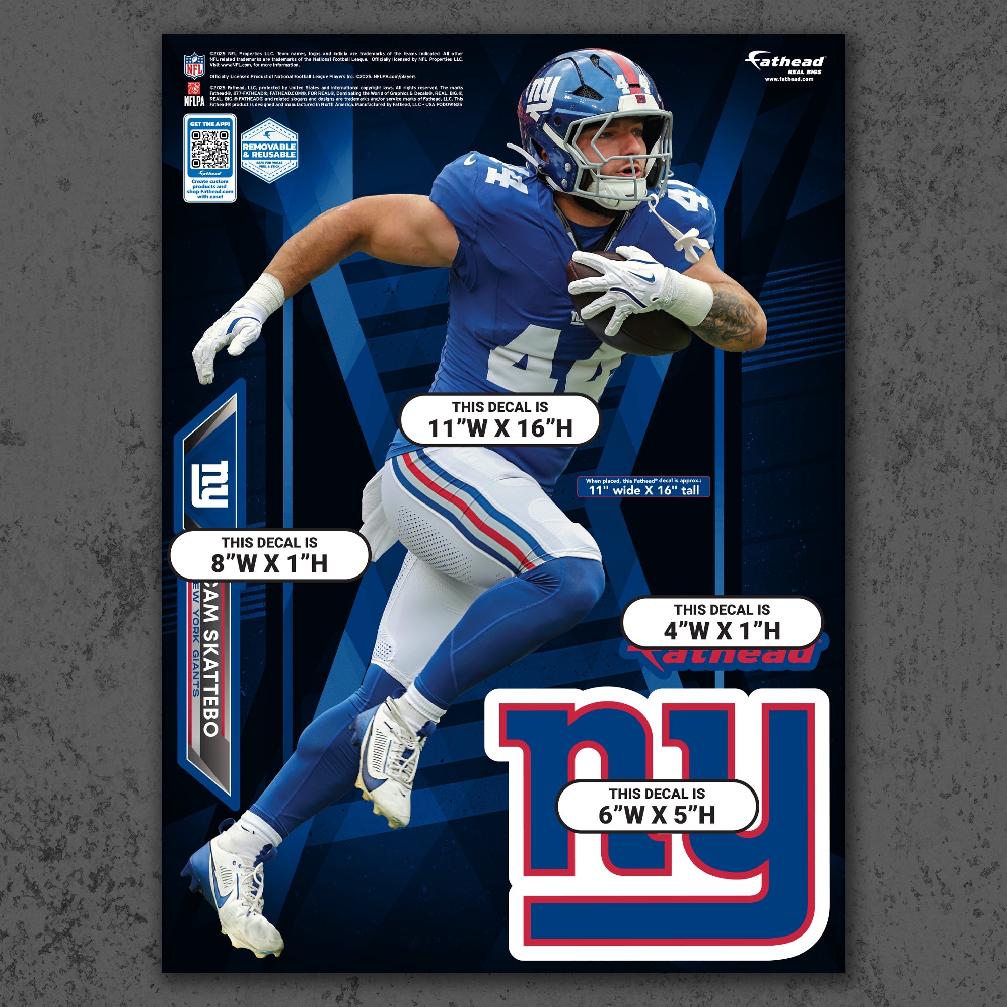Cam Skattebo - RealBig Collection - Official NFL - New York Giants - Reusable Vinyl Wall Decals