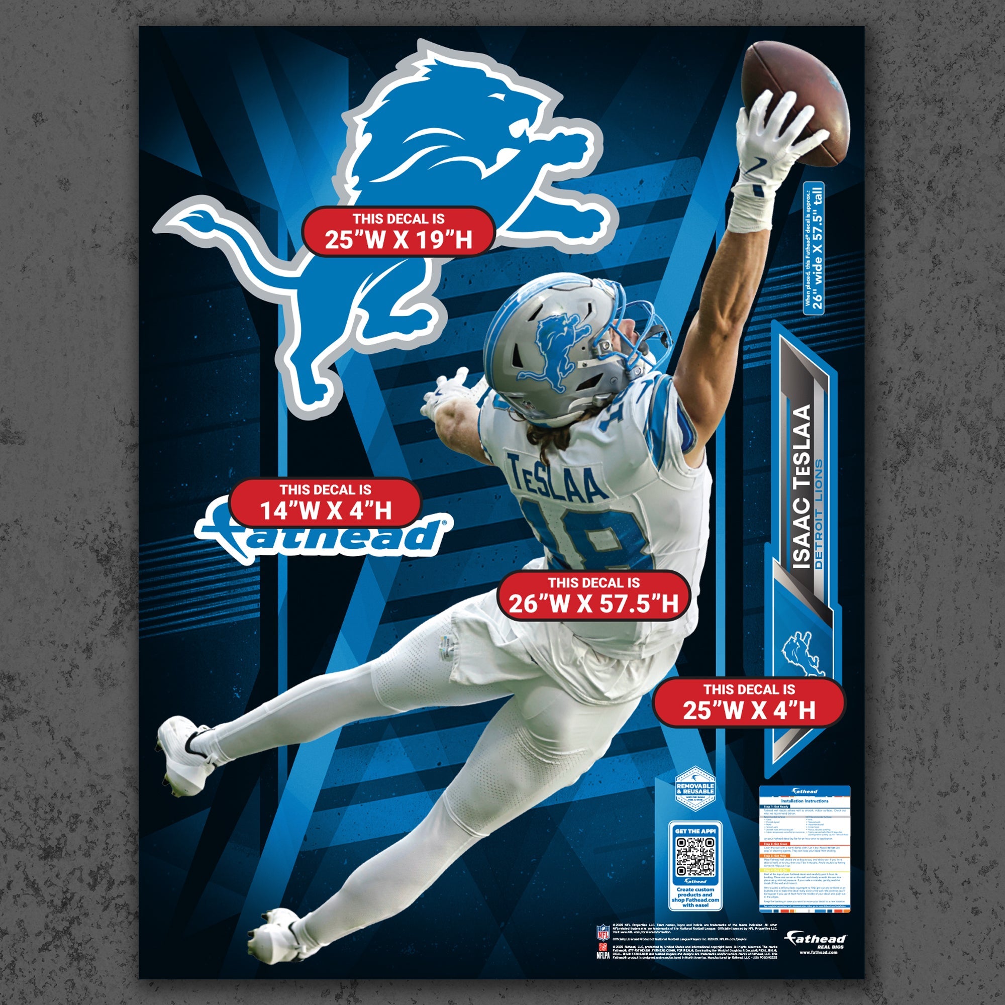 Isaac TeSlaa - RealBig One-Handed Catch Collection - Official NFL - Detroit Lions - Reusable Vinyl Wall Decals