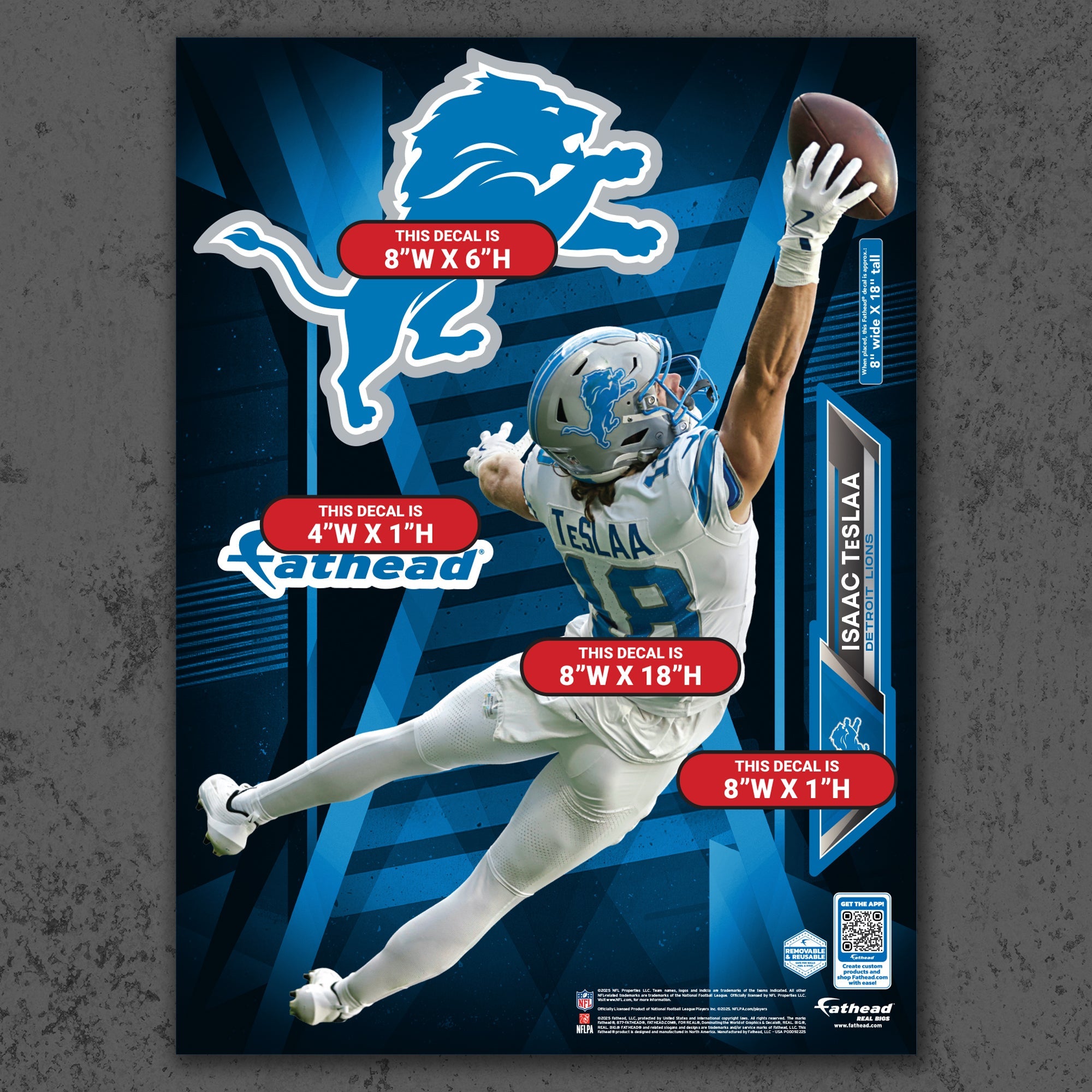 Isaac TeSlaa - RealBig One-Handed Catch Collection - Official NFL - Detroit Lions - Reusable Vinyl Wall Decals