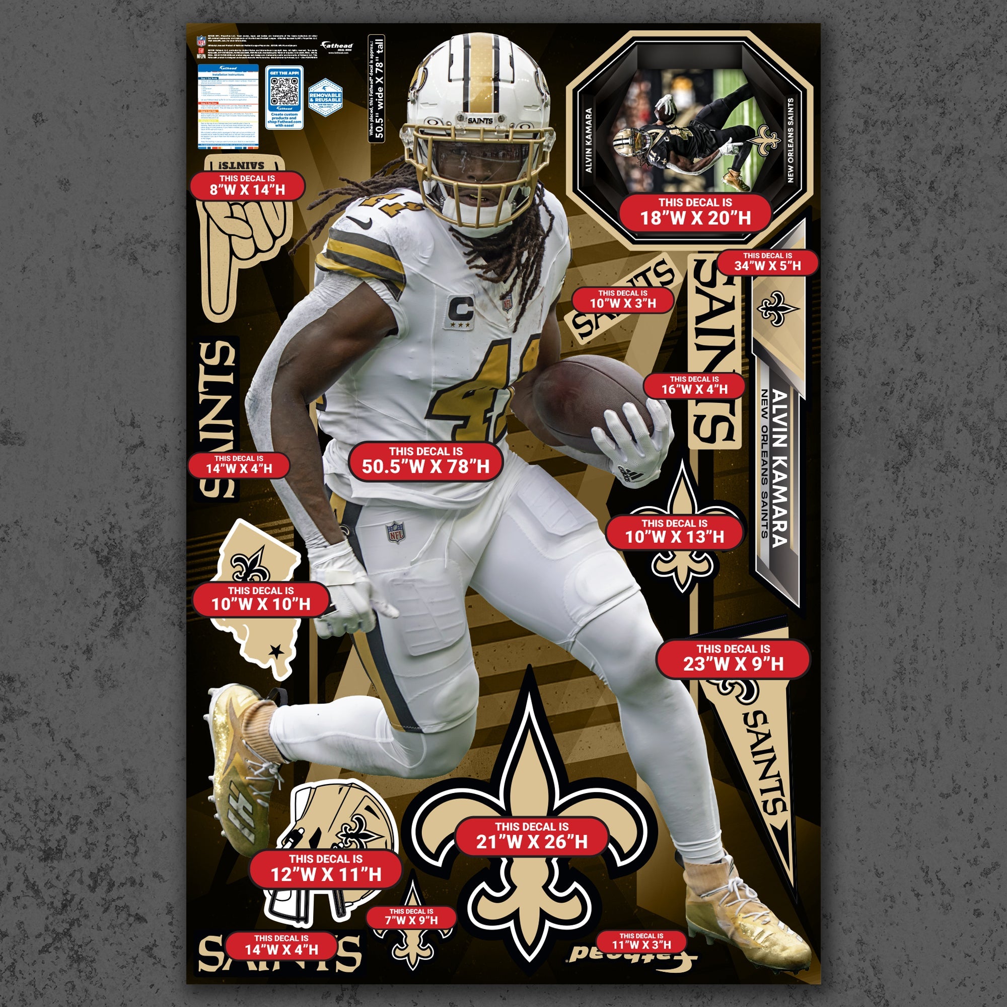 Alvin Kamara - RealBig Alternate Collection - Official NFL - New Orleans Saints - Reusable Vinyl Wall Decals