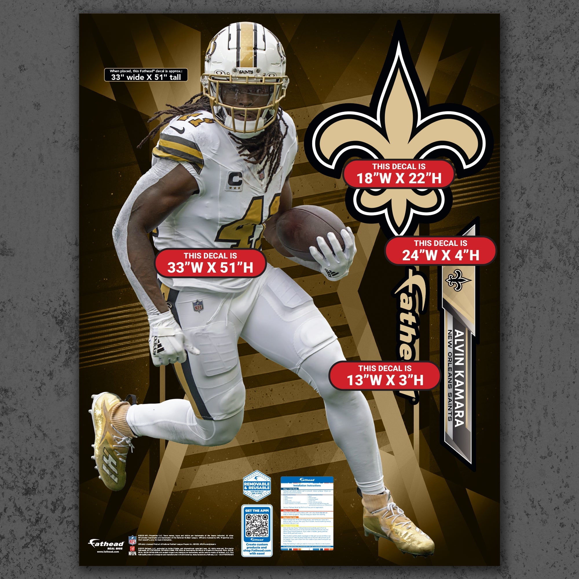 Alvin Kamara - RealBig Alternate Collection - Official NFL - New Orleans Saints - Reusable Vinyl Wall Decals
