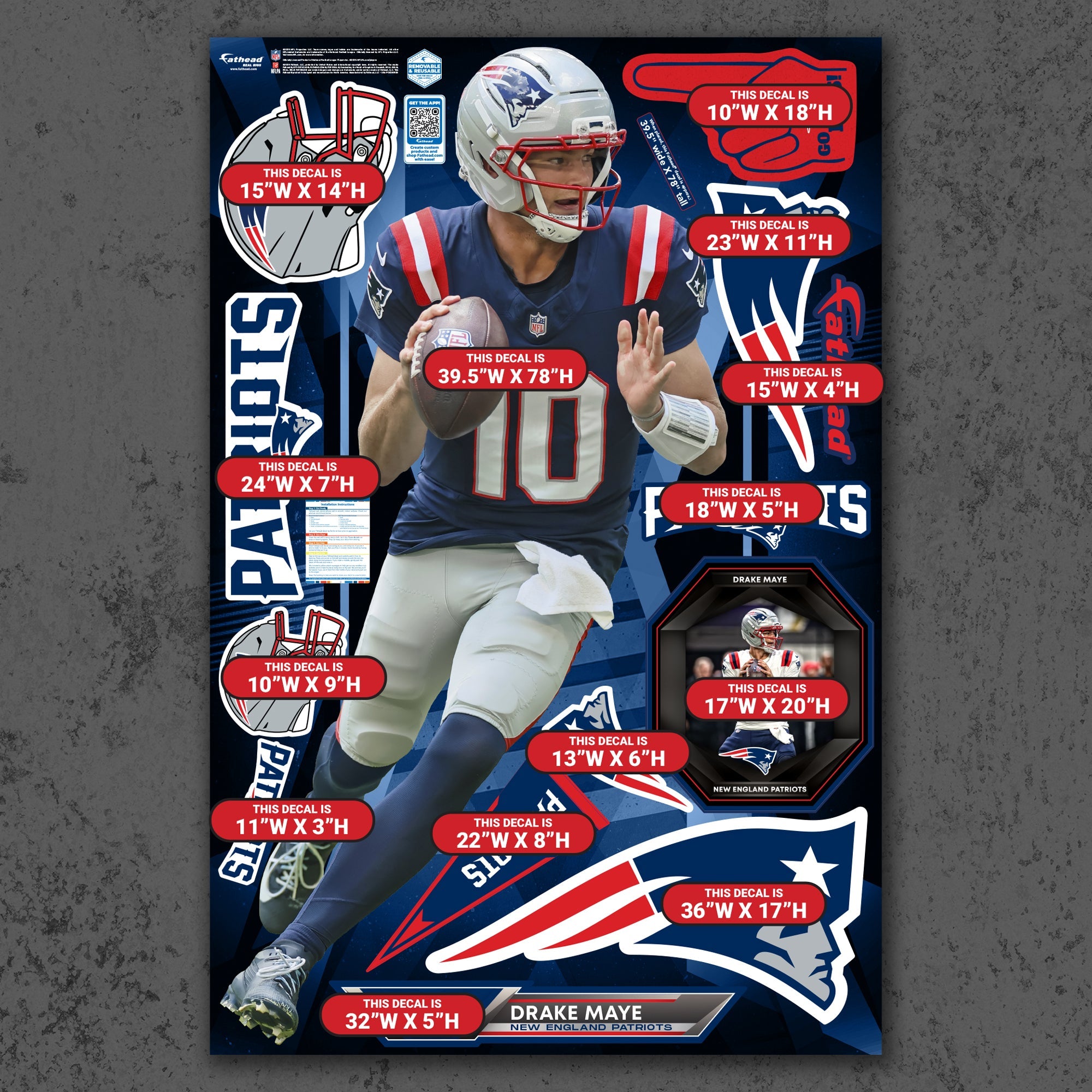 Drake Maye - RealBig Collection - Official NFL - New England Patriots - Reusable Vinyl Wall Decals