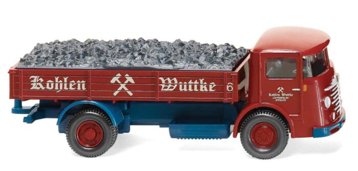 Wiking 47604 HO Scale 1953-1955 Bussing 4500 Low-Side Truck with Coal Load - Assembled -- Coal Wuttke (red, blue, white, German Lettering)