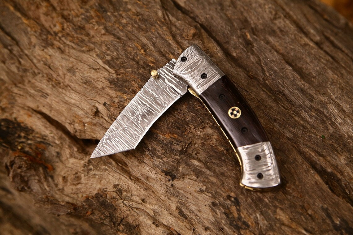 Custom Handmade Damascus Steel Tanto Blade EDC Folding Pocket Knife | 3-Inch Blade, Wenge Wood Handle, Leather Case | Groomsman Gift