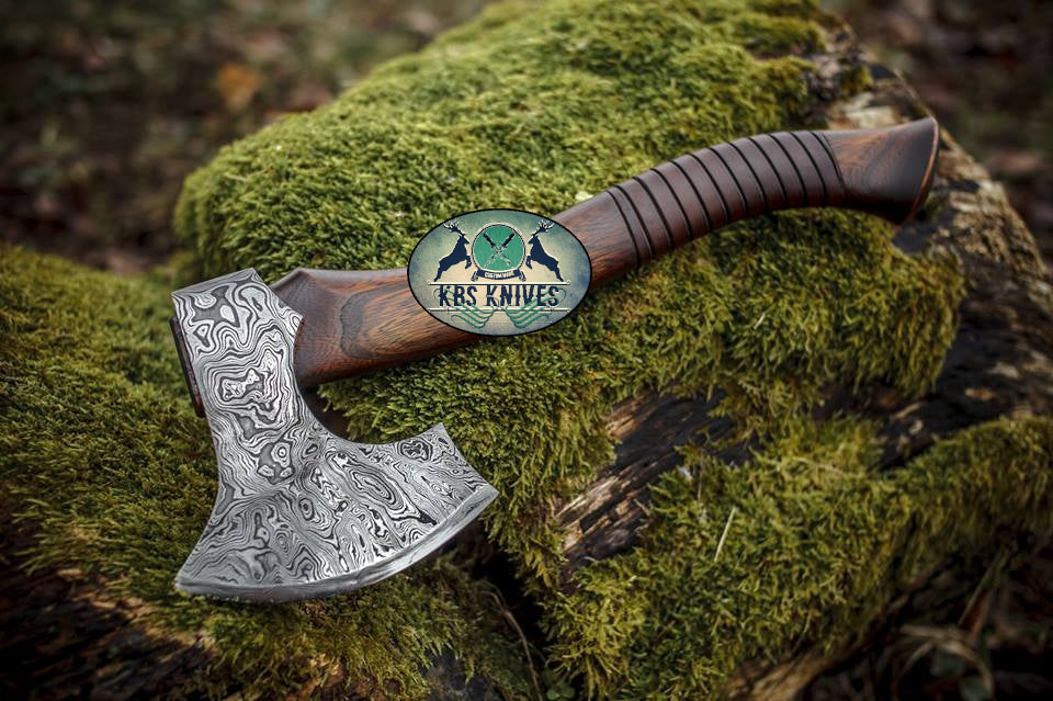 Custom Hammered Damascus Steel Viking Tomahawk
