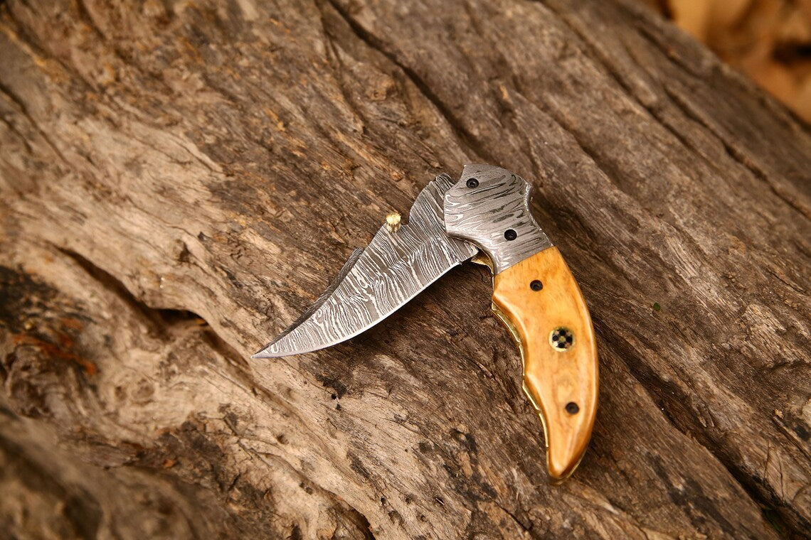 Custom Handmade Damascus Steel EDC Folding Pocket Knife | 3-Inch Blade, Colored Bone Handle, Leather Case | Ideal Gift for Any Occasion by KBS Knives