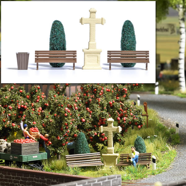 Busch 8110 N Scale Stone Cross Scene Stone Cross, 2 Trees, 2 Benches & Waste Can