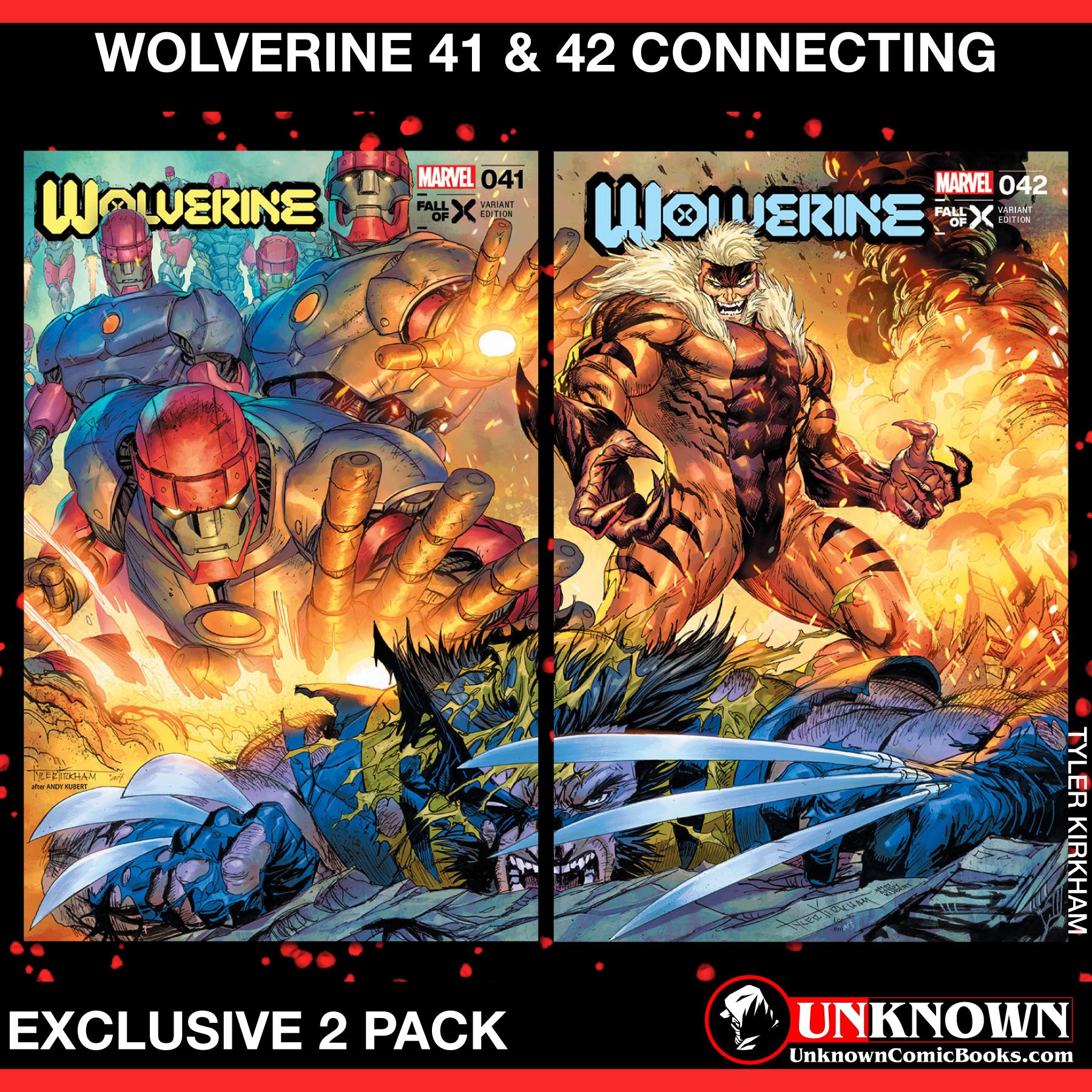 [2 PACK TRADE] WOLVERINE #41 & #42 UNKNOWN COMICS TYLER KIRKHAM EXCLUSIVE CONNECTING VAR (01/31/2024)