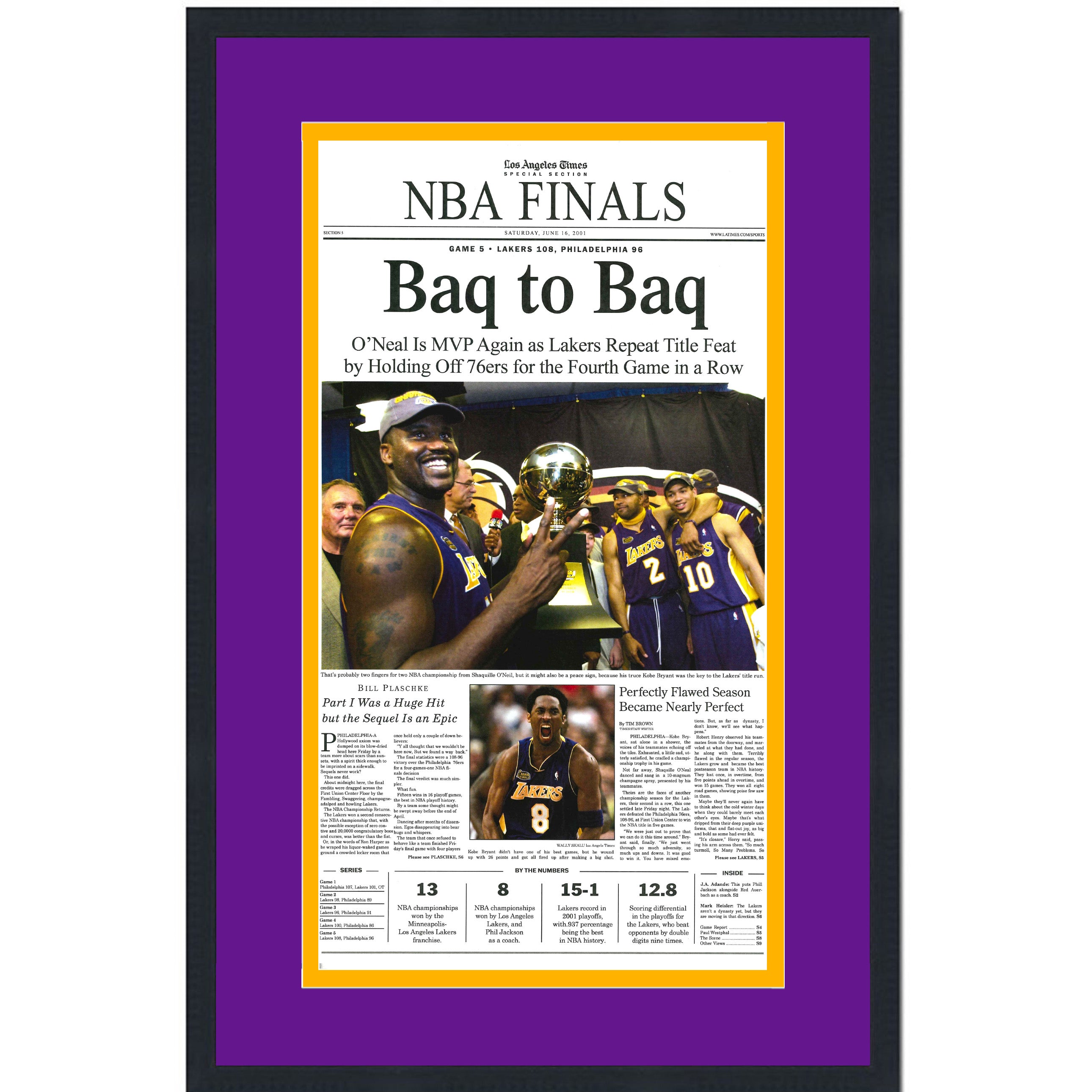 Framed Los Angeles LA Times Lakers Baq To Baq 2001 NBA Finals Champions 14x22 Basketball Newspaper Cover Photo Professionally Matted