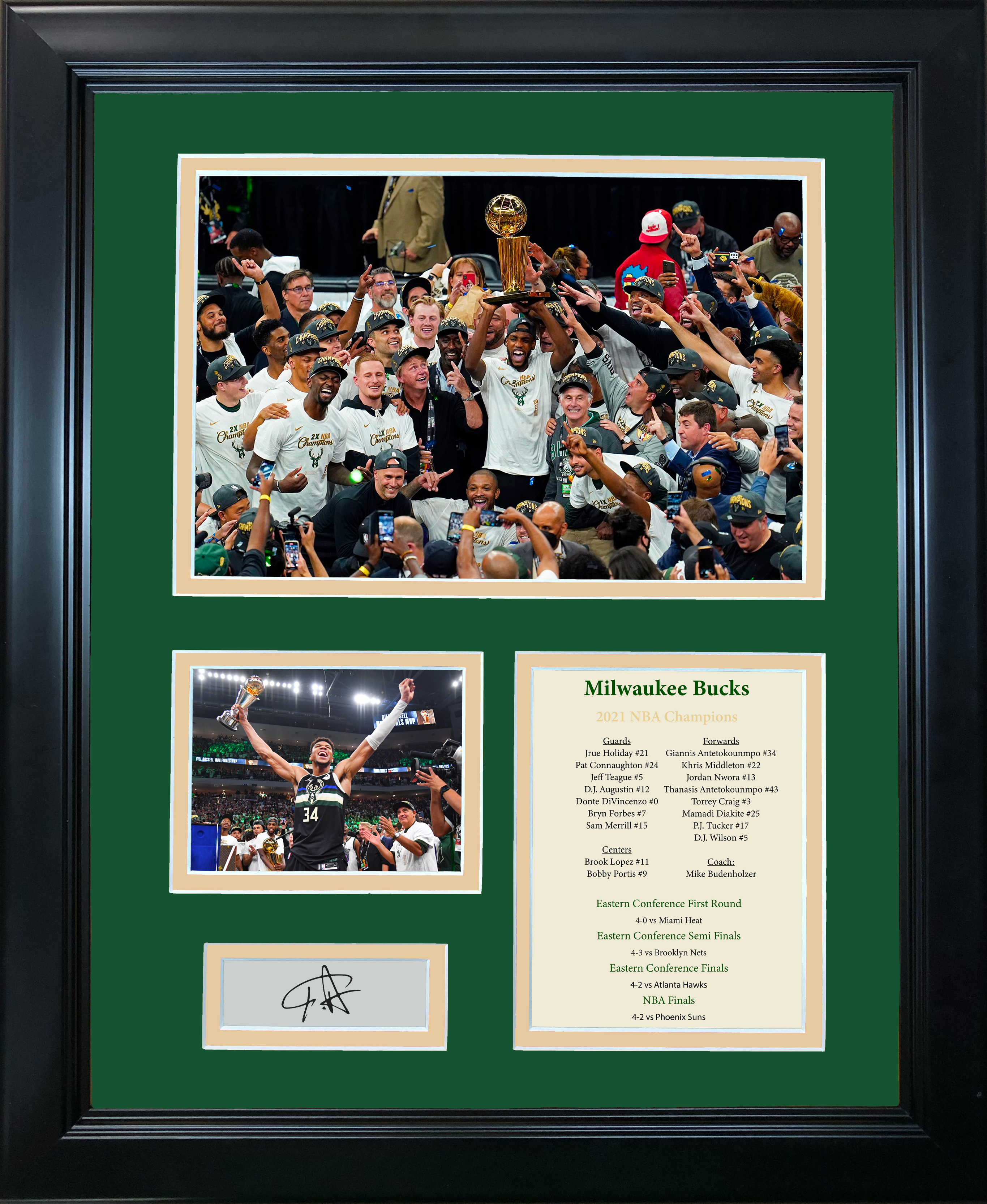 Framed Milwaukee Bucks 2021 NBA Finals Champions Giannis Antetokounmpo MVP Facsimile Laser Engraved Signature Auto Basketball 11"x14" Photo Sig Collage