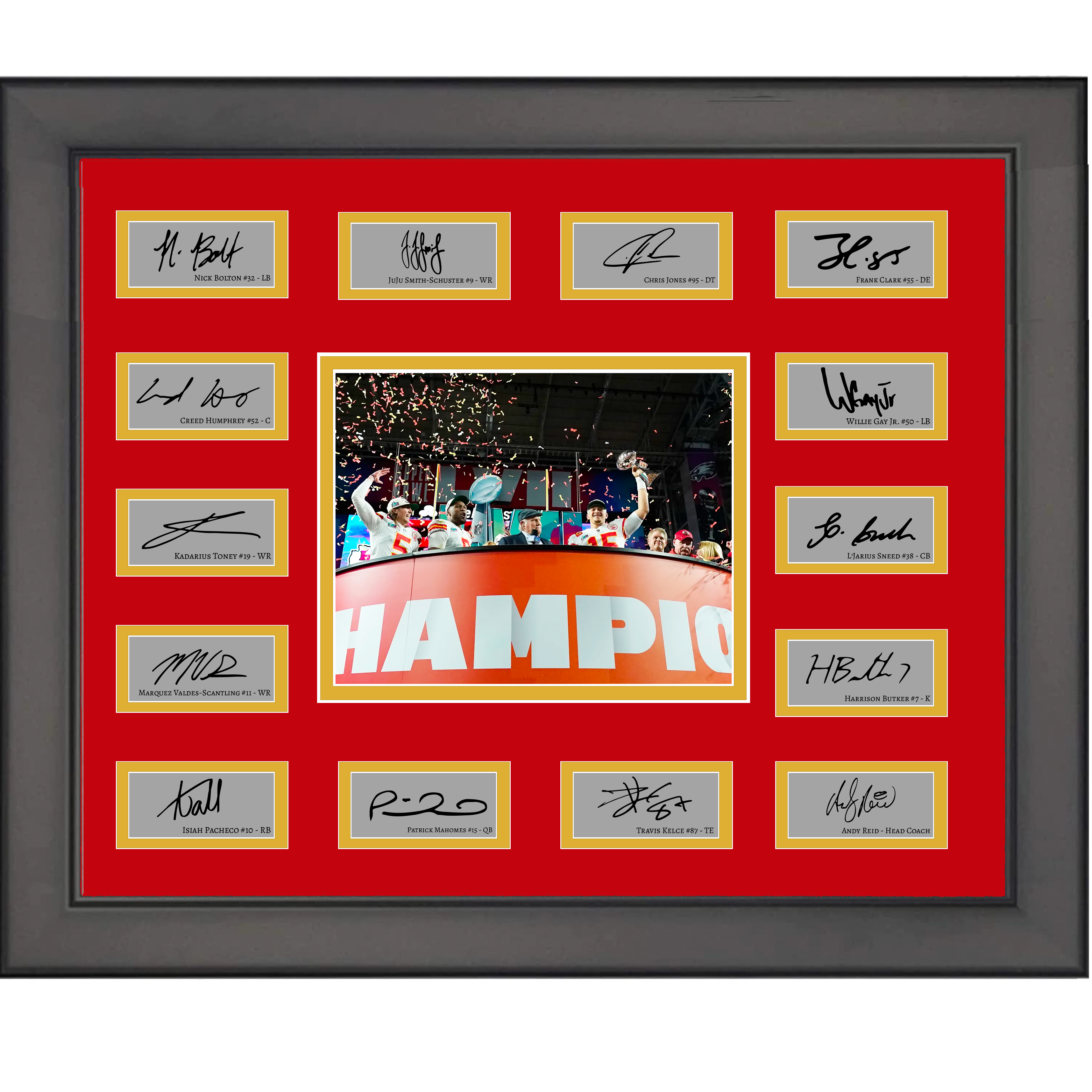 Framed Kansas City Chiefs NFL Super Bowl LVII Champions Team Facsimile Laser Engraved Signature Auto Collage 20x25 Football Photo