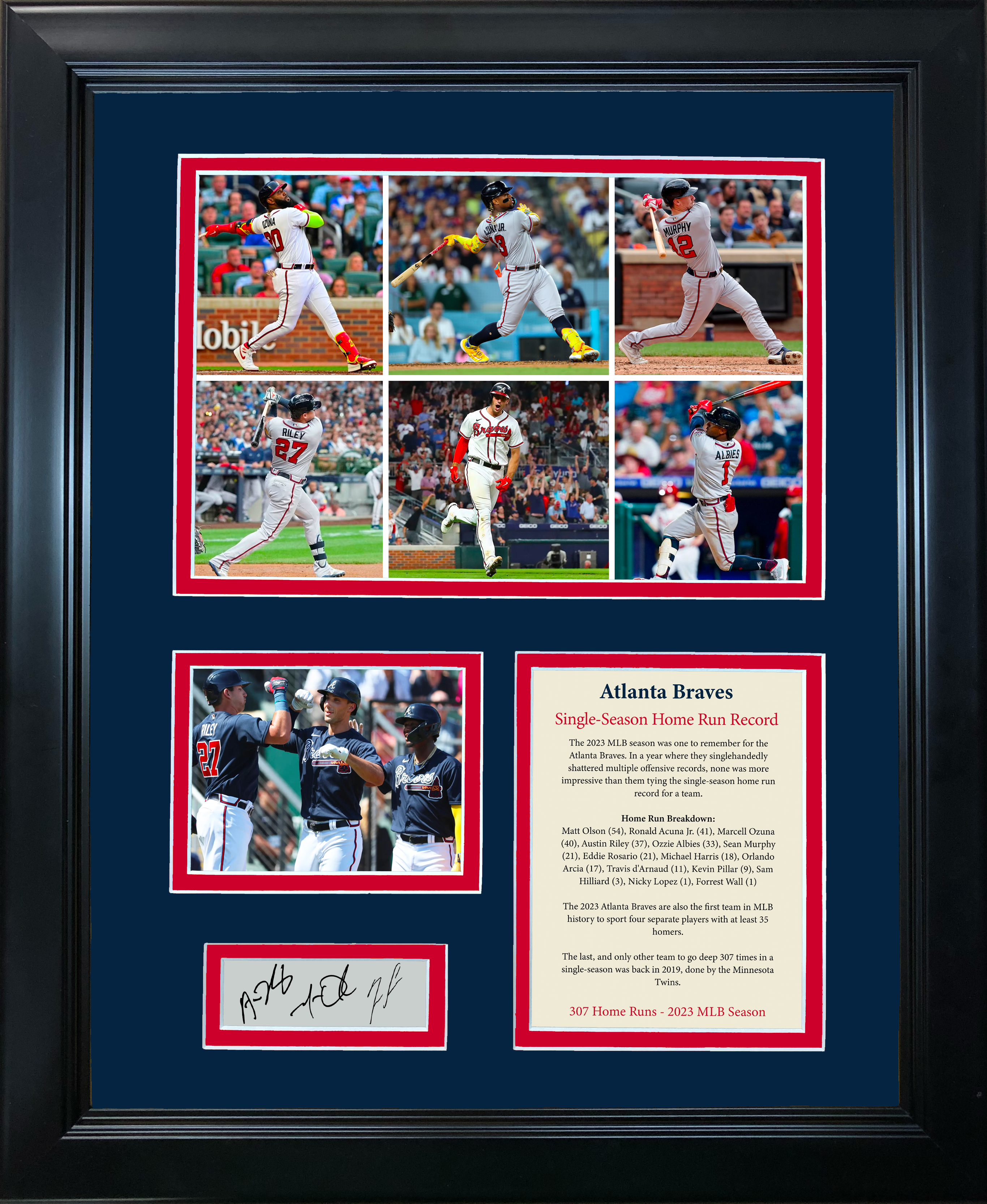 Framed 2023 Atlanta Braves MLB Single-Season Home Run Record Facsimile Laser Engraved Signature Auto Baseball 11"x14"Photo Sig Collage