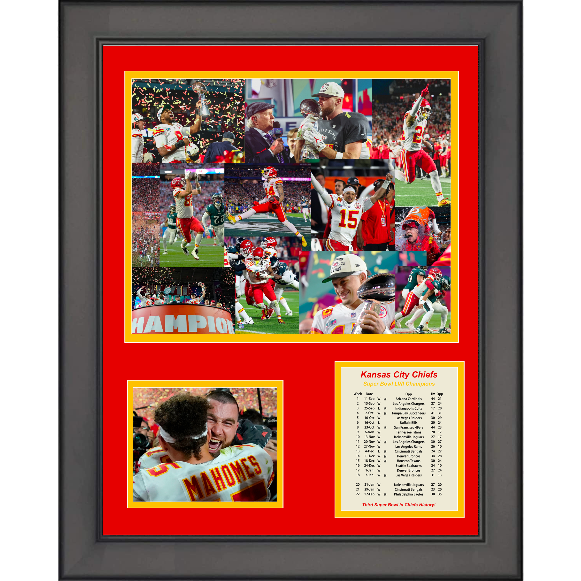 Framed Kansas City Chiefs Super Bowl LVII Champions Football 11"x14" Three Photo Collage