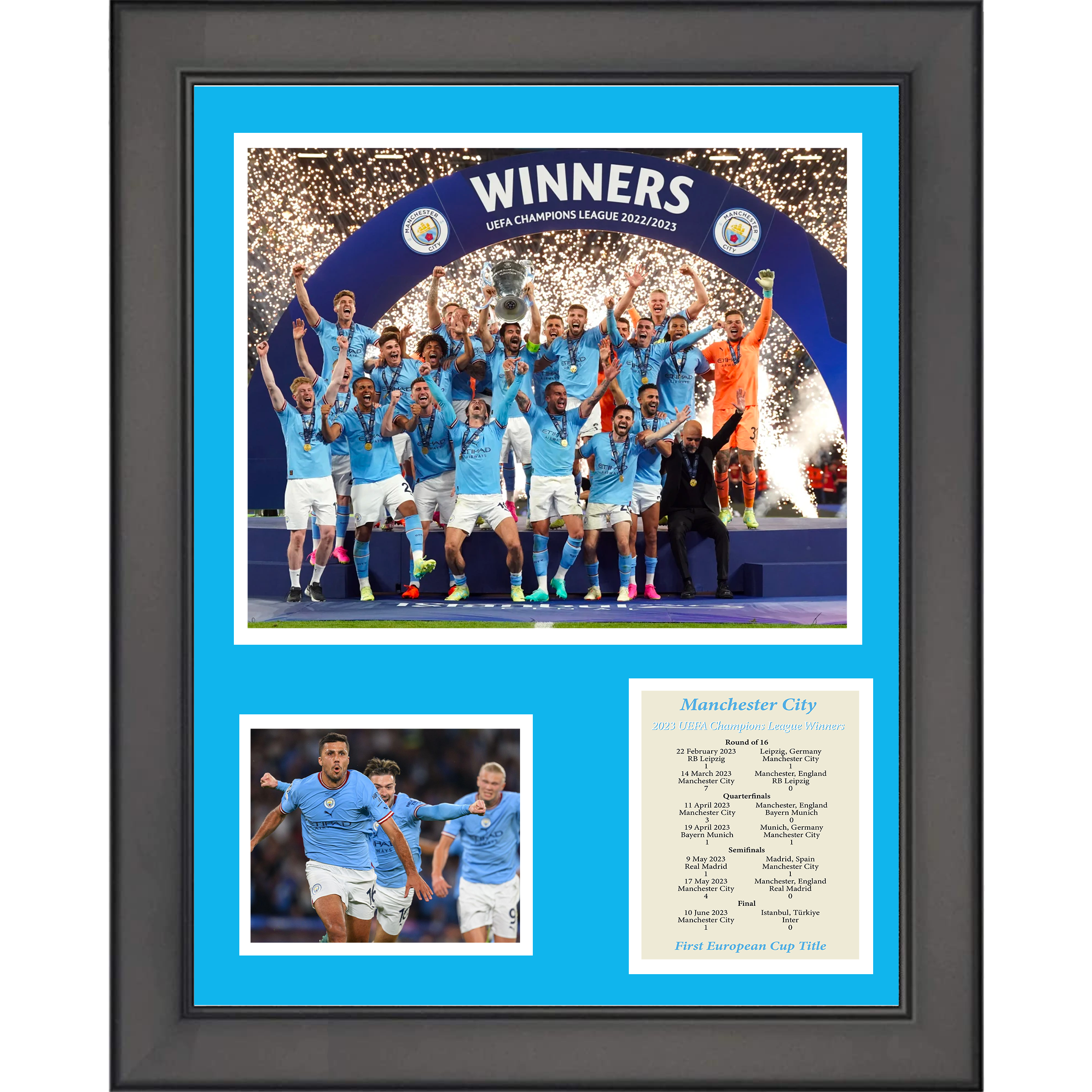Framed Manchester City 2023 Champions League Winners Soccer Futbol 11"x14" Three Photo Collage