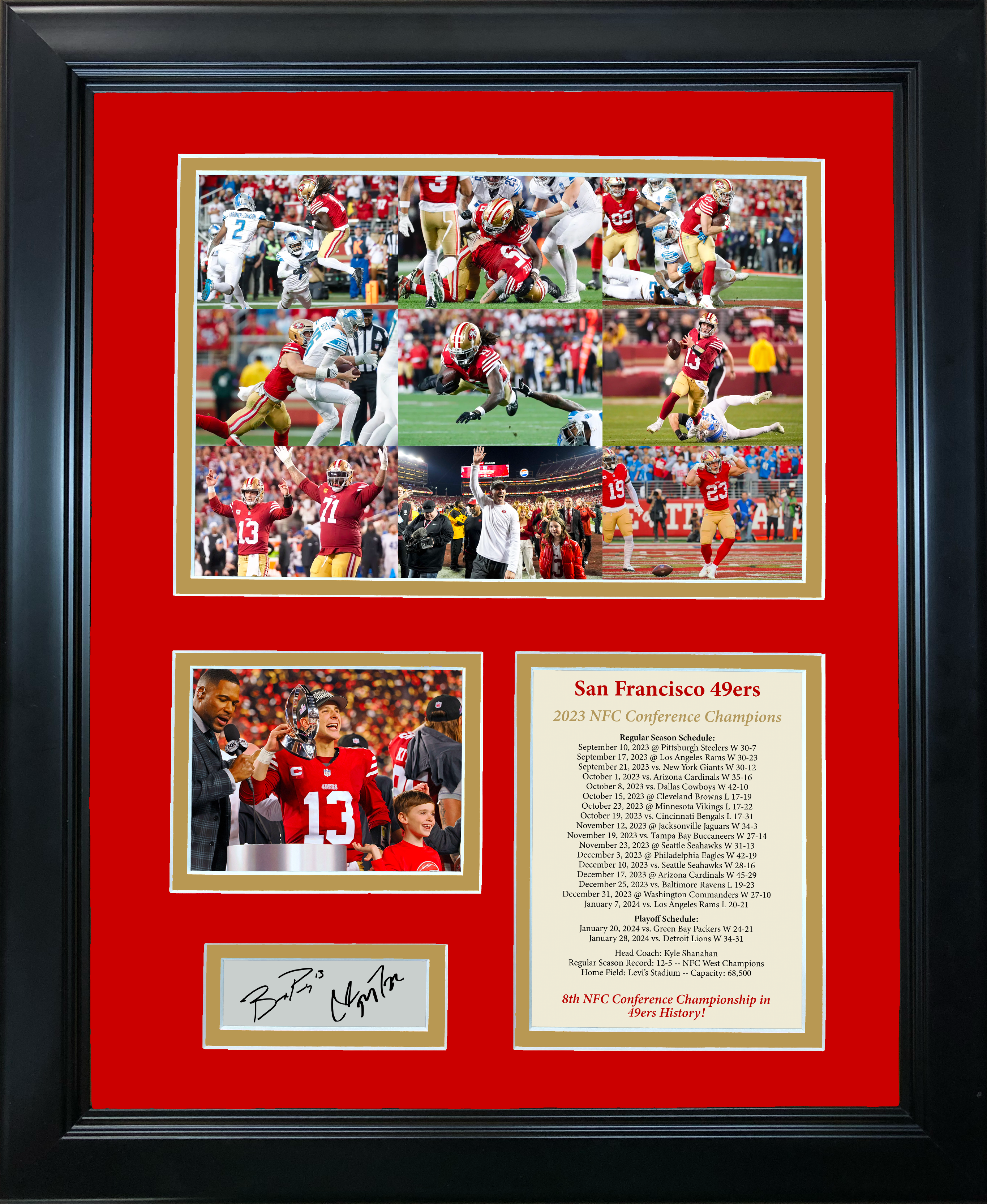 Framed 2023 San Francisco 49ers Brock Purdy & Christian McCaffrey Dual NFC Champions Facsimile Laser Engraved Signature Auto Football 11"x14"Photo Sig Collage