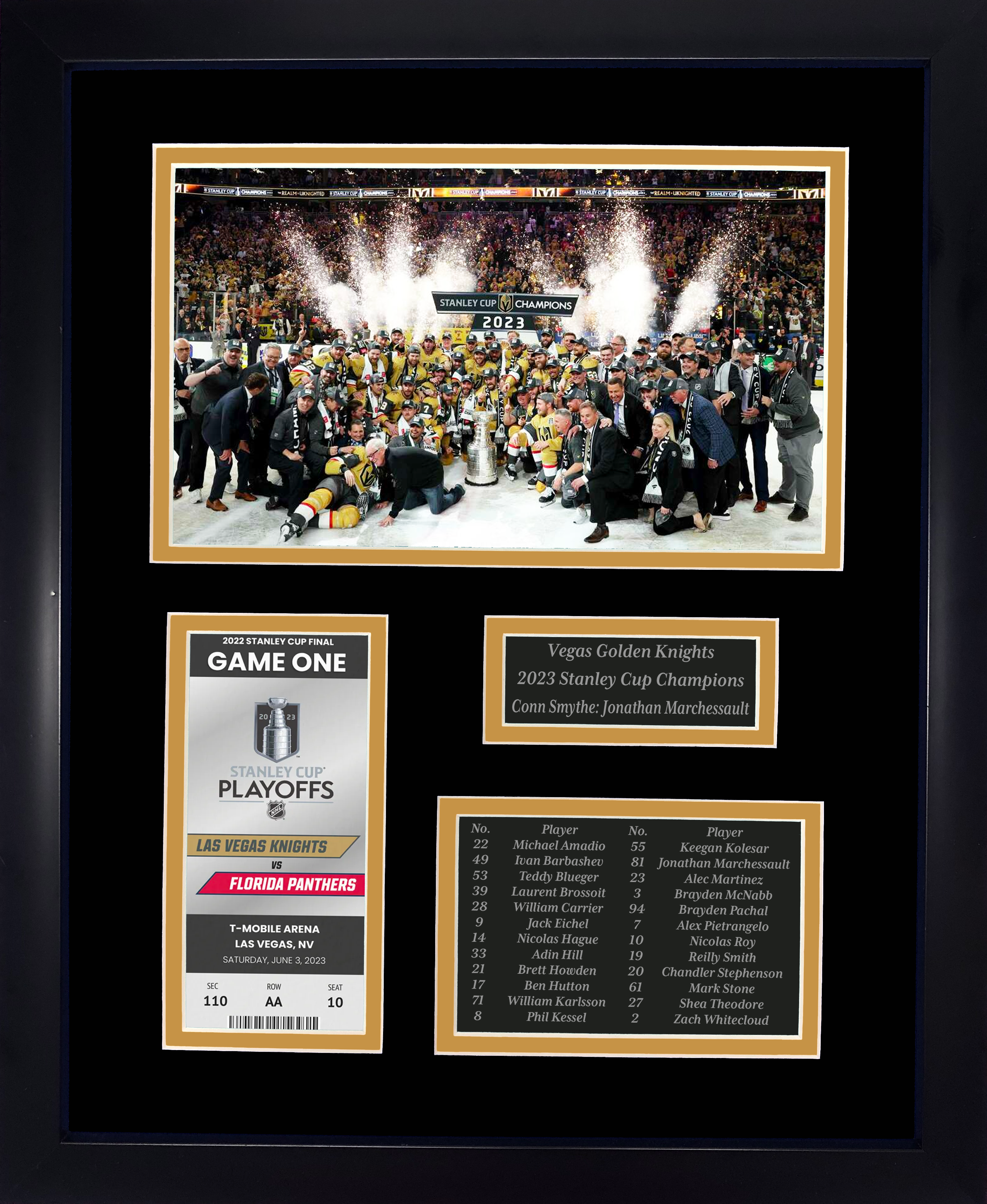 Framed Vegas Golden Knights 2023 Stanley Cup Replica Champions Laser Engraved Commemorative Ticket Collage  12 x15  Hockey Photo
