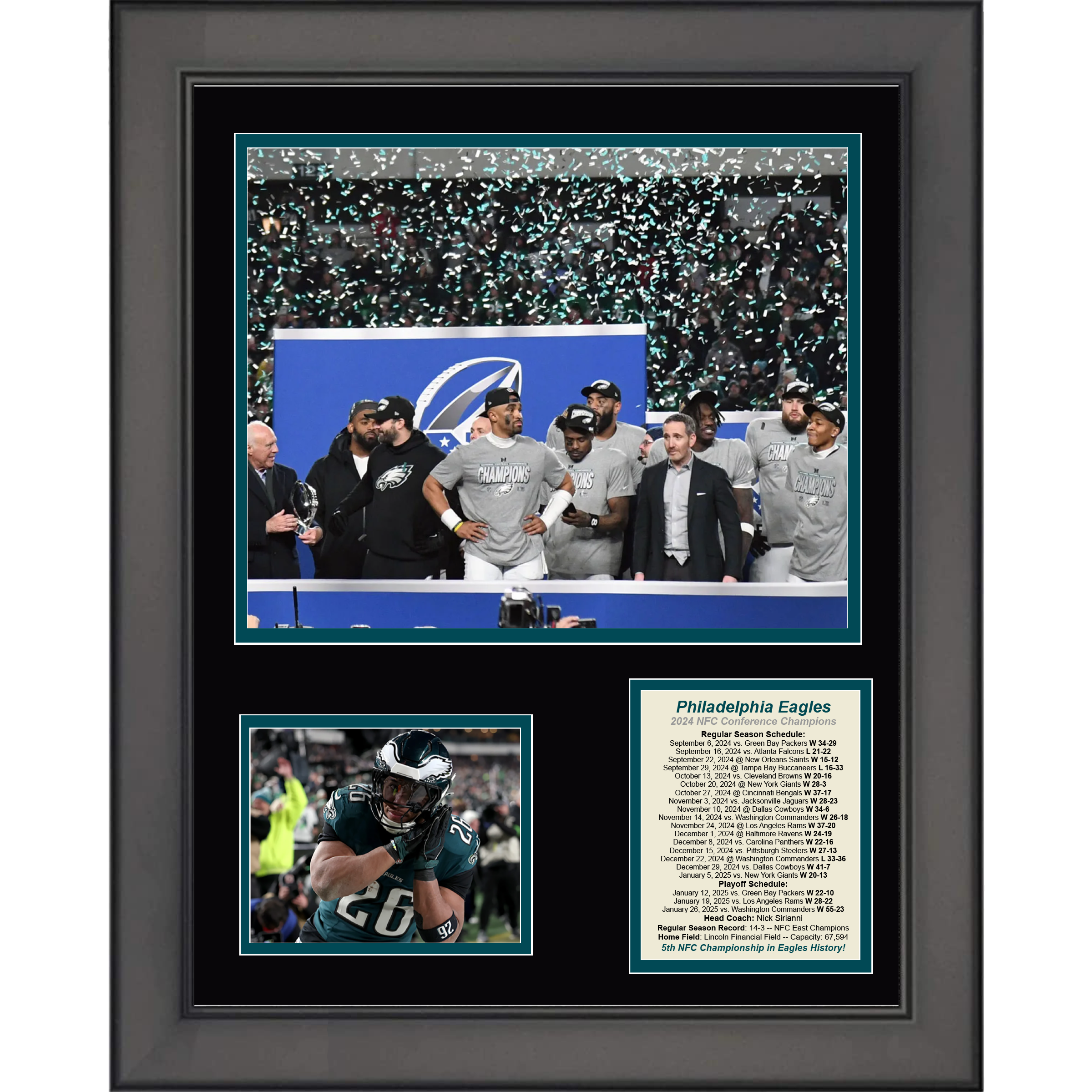 Framed Philadelphia Eagles 2024 NFC Conference Champions Football 11"x14" Three Photo Collage