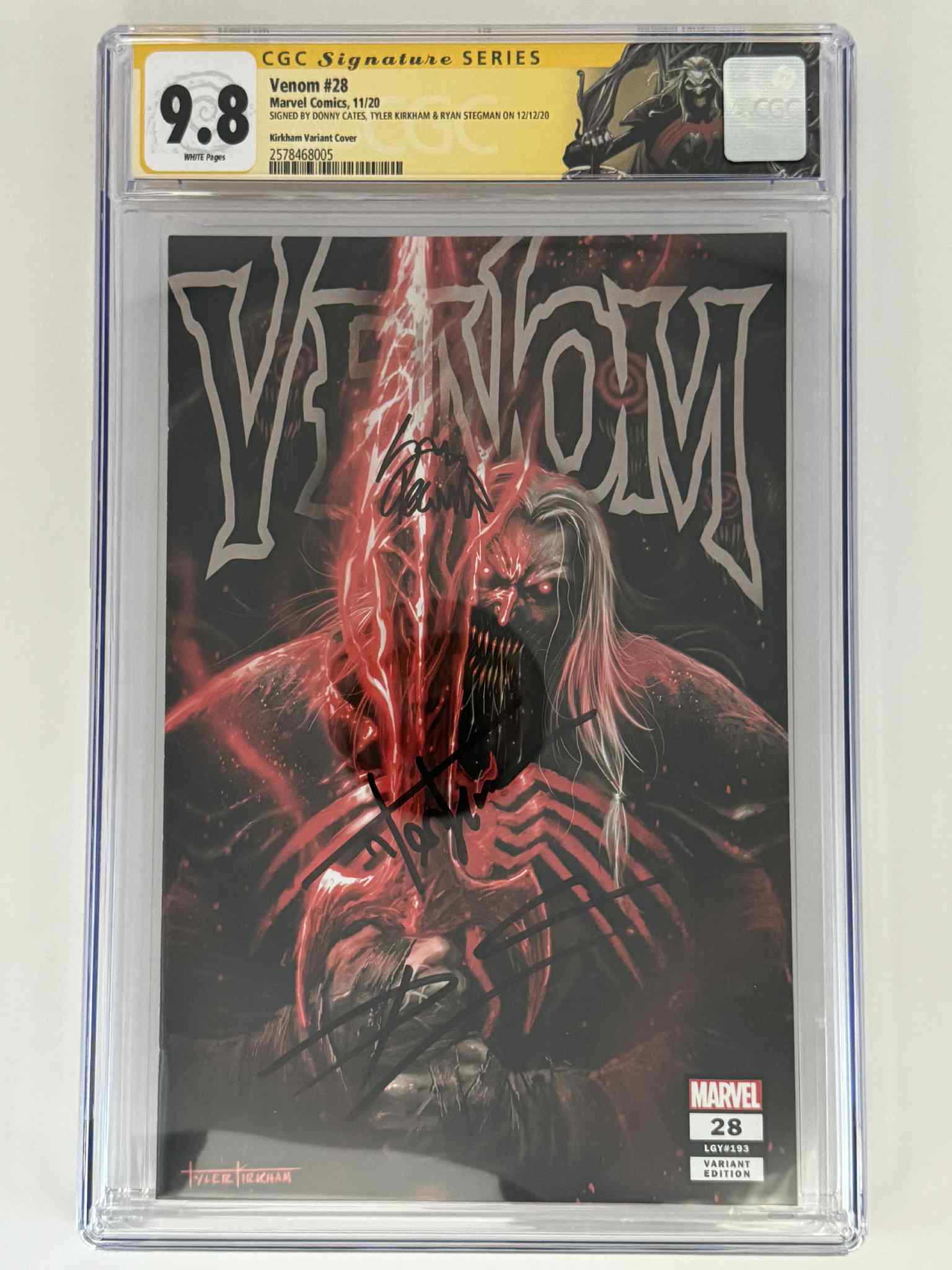 [Triple Signed by Tyler Kirkham | Donny Cates | Ryan Stegman] Venom #28 CGC 9.8 Yellow Label Tyler Kirkham Exclusive Var