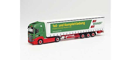 Herpa 313438 HO Scale Iveco S Tractor with Curtain Trailer - Assembled -- Wandt (white, red, green, German Lettering)