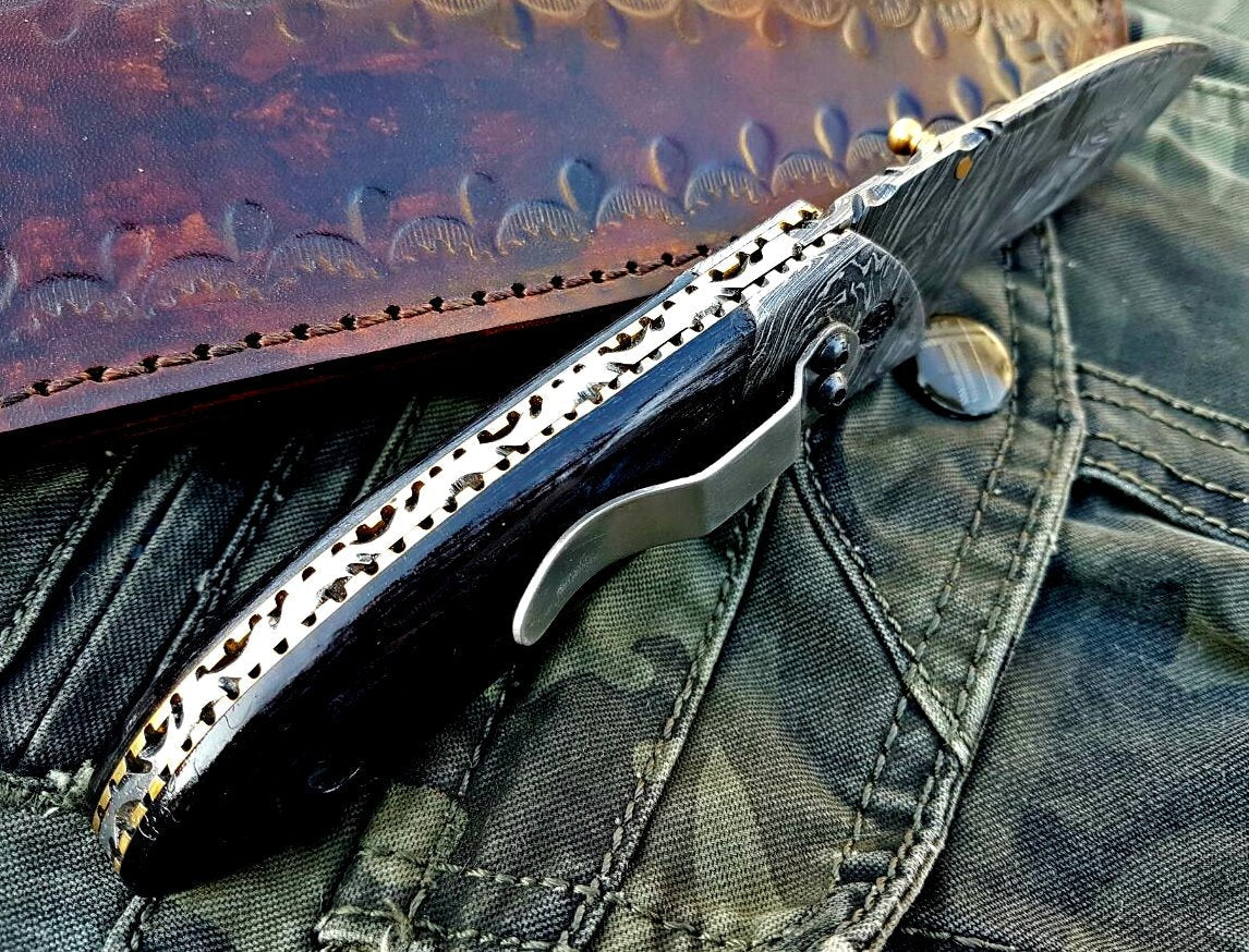 Custom Handmade Damascus Steel Folding Knife With Pocket Clip