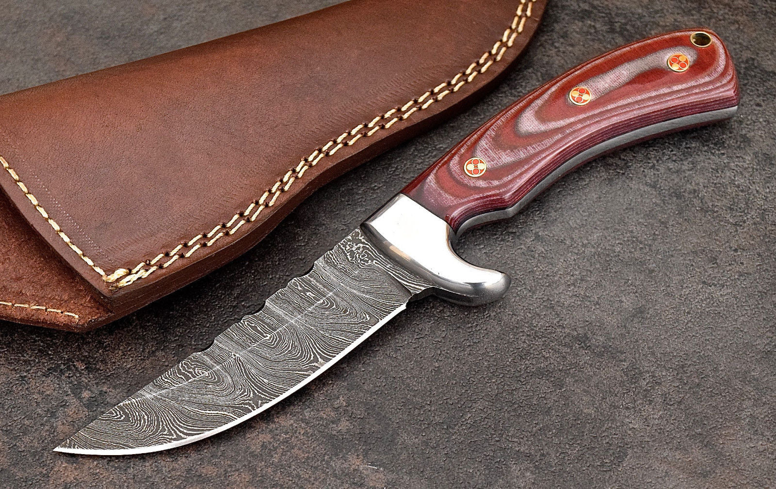 Custom Handmade Damascus Steel Red Micarta Skinning/Camping/Hunting Knife