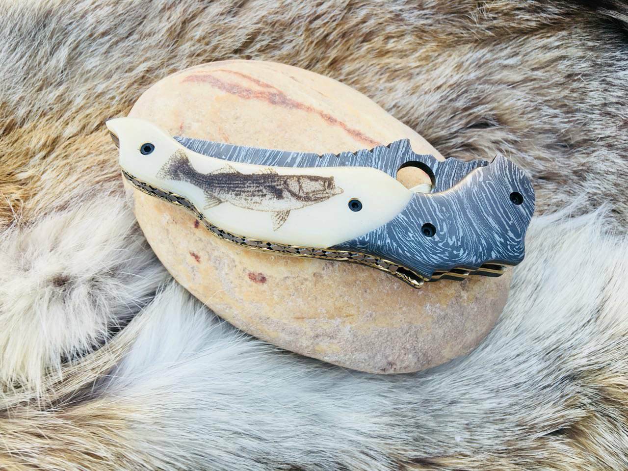 Custom Handmade Damascus Steel Unique Folding Pocket Knife with Engraved Bone Handle and Leather Case