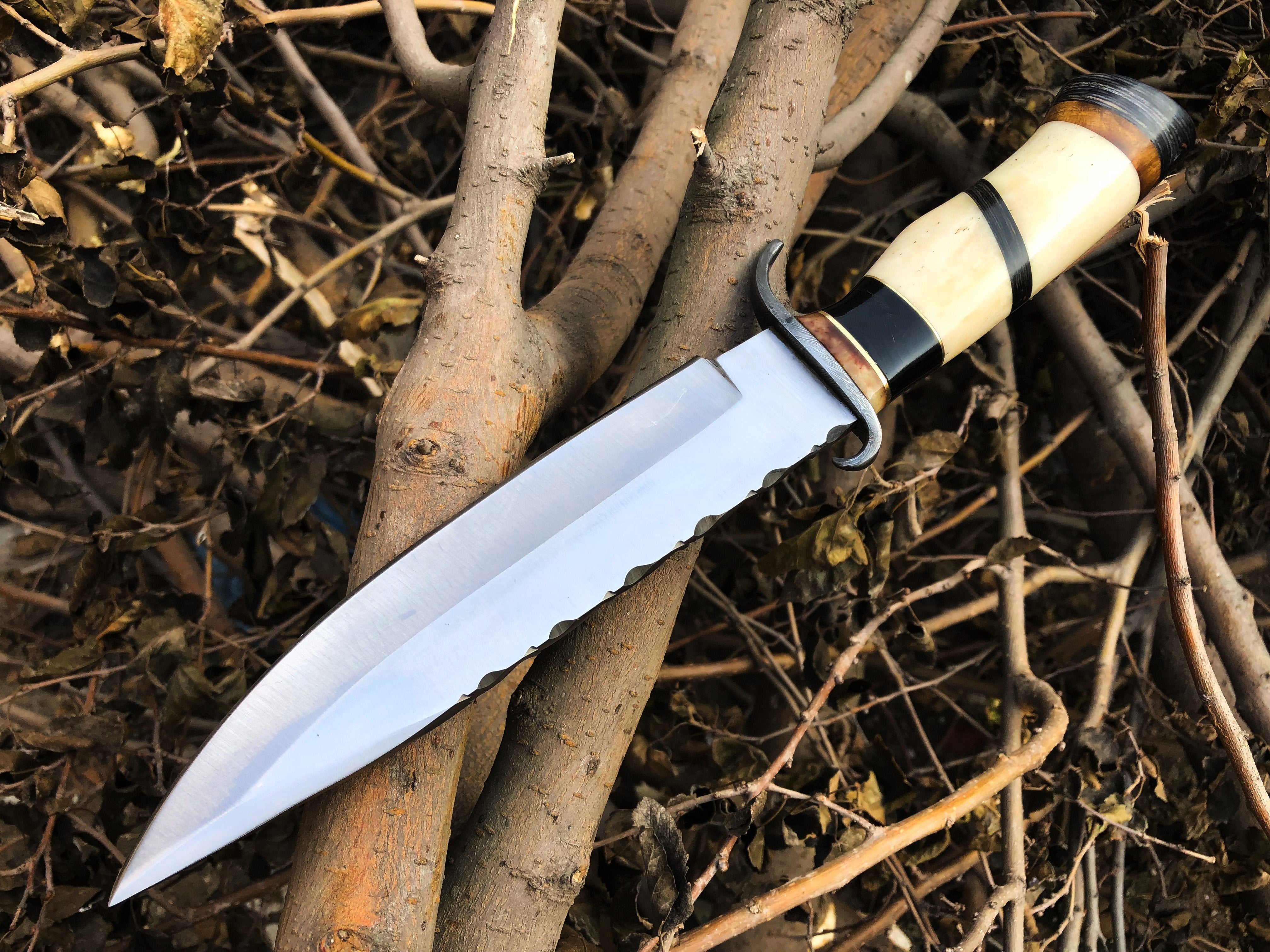 Top Quality Hunting Bowie Knife | D2 Steel Blade | Bone, Buffalo, Wood Handle with Damascus Guard | 13 Inches | Leather Sheath | KBS Knives Store