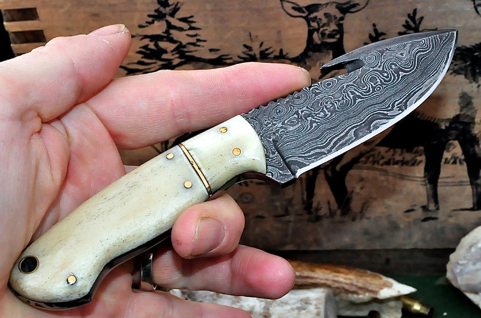 Custom Handmade Damascus Steel Guthook Skinning Knife