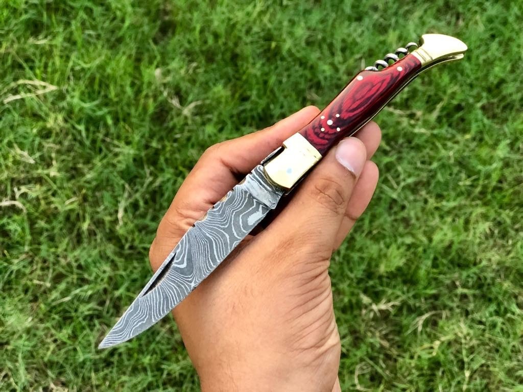 New Custom Handmade Damascus Steel Steak Blade Pocket Knife With  Corkscrew Wine Opener