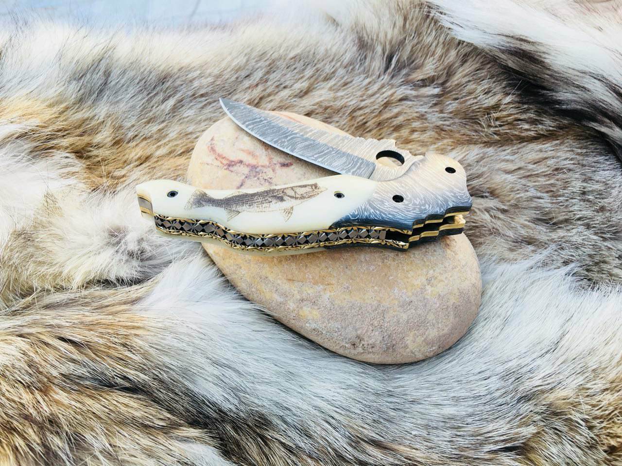 Custom Handmade Damascus Steel Engraved Folding Pocket Knife with Hand-Engraved Bone Handle and Leather Case