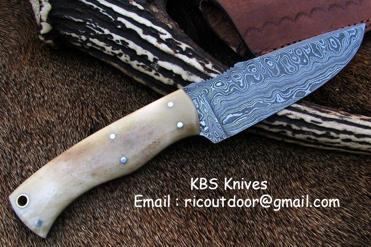 Custom Handmade Damascus Deer Hunting Knife | 10 Inches | Bone Handle | KBS Knives Store